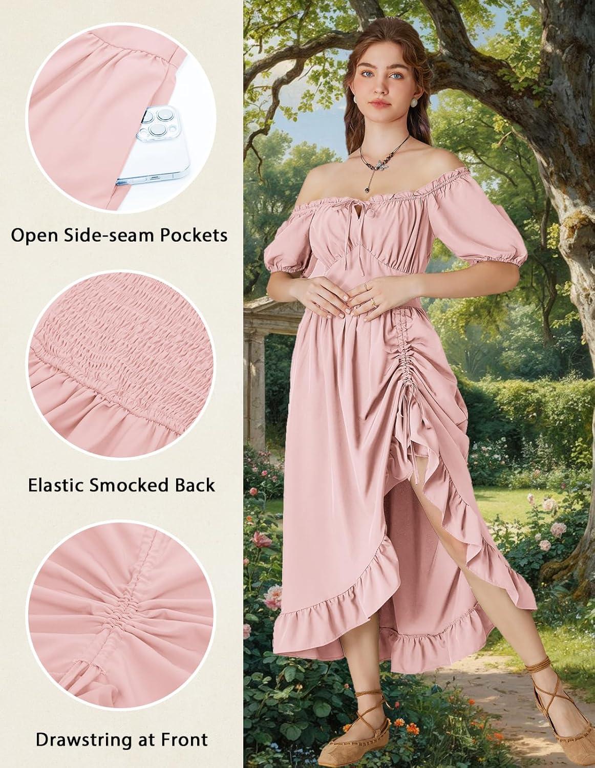 image:imageScarlet Darkness Renaissance Dress Women Cottagecore Corset Dress Ruffle Maxi Dress with PocketsPink