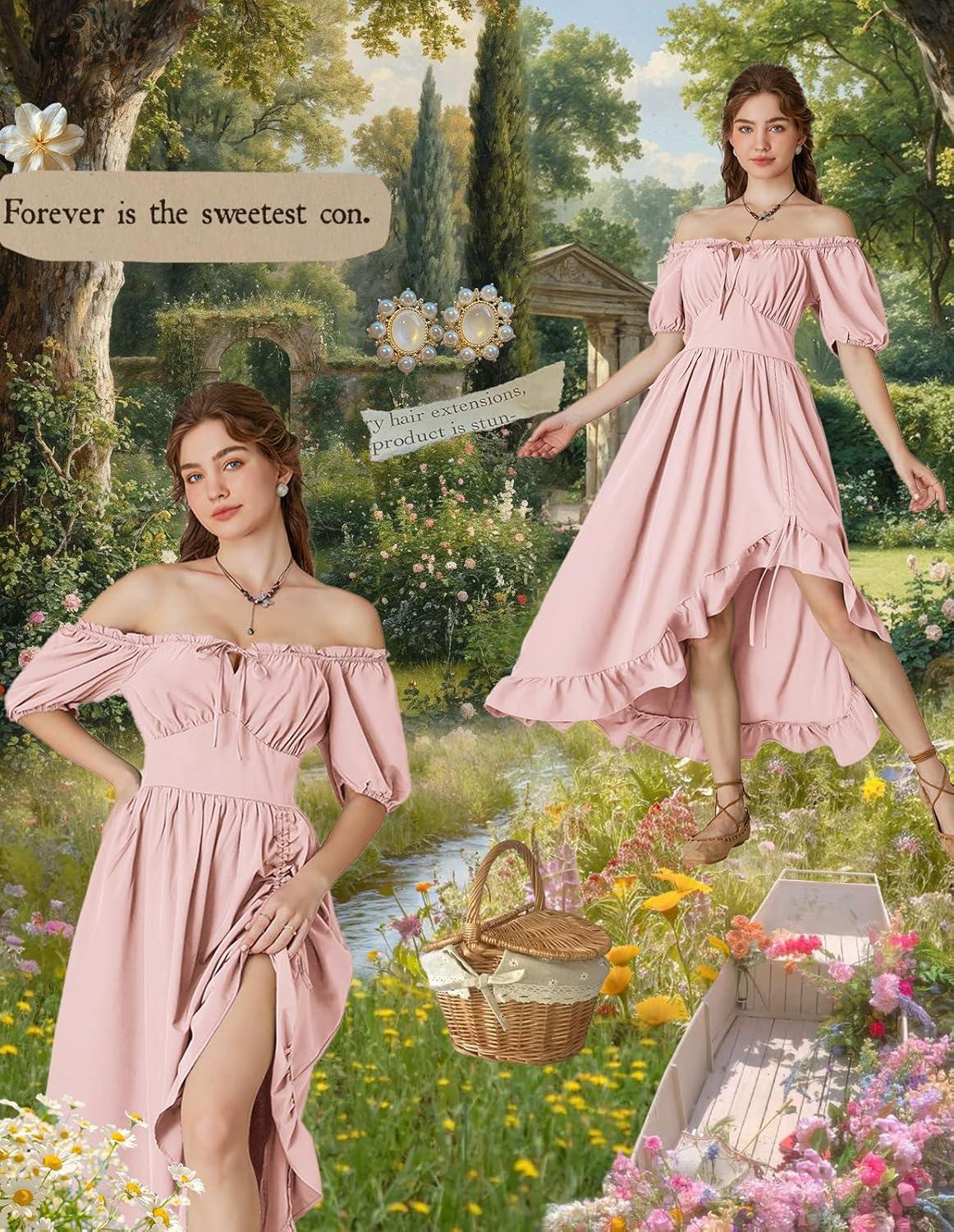 image:imageScarlet Darkness Renaissance Dress Women Cottagecore Corset Dress Ruffle Maxi Dress with PocketsPink