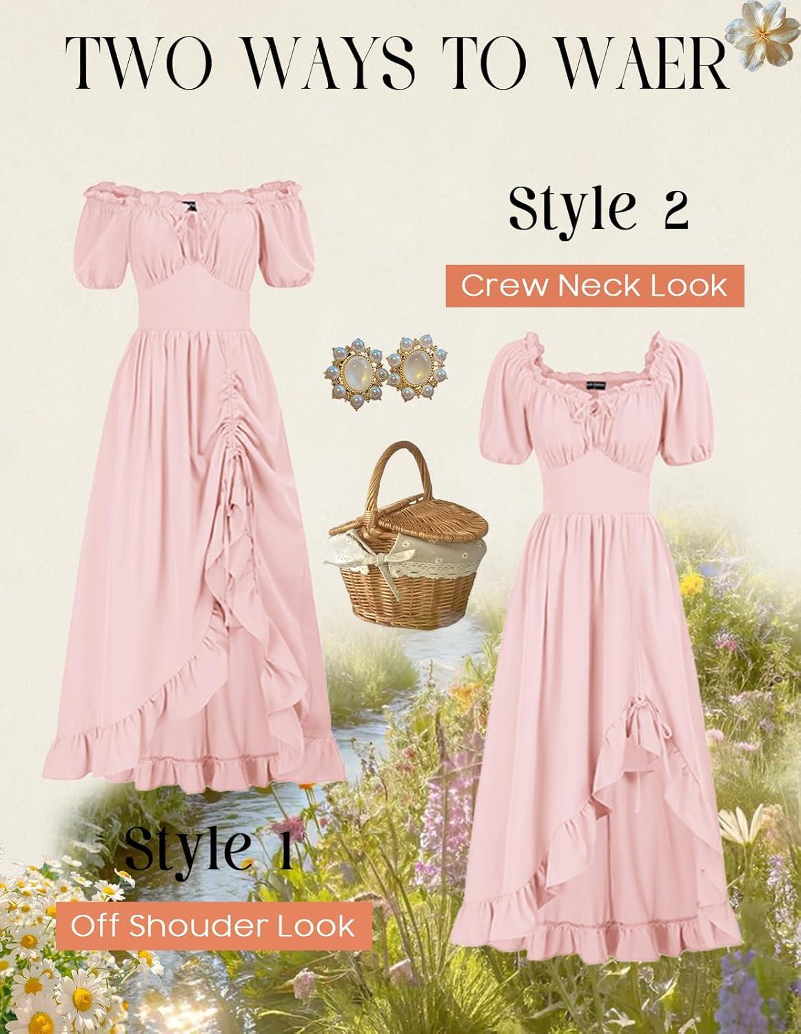 image:imageScarlet Darkness Renaissance Dress Women Cottagecore Corset Dress Ruffle Maxi Dress with PocketsPink