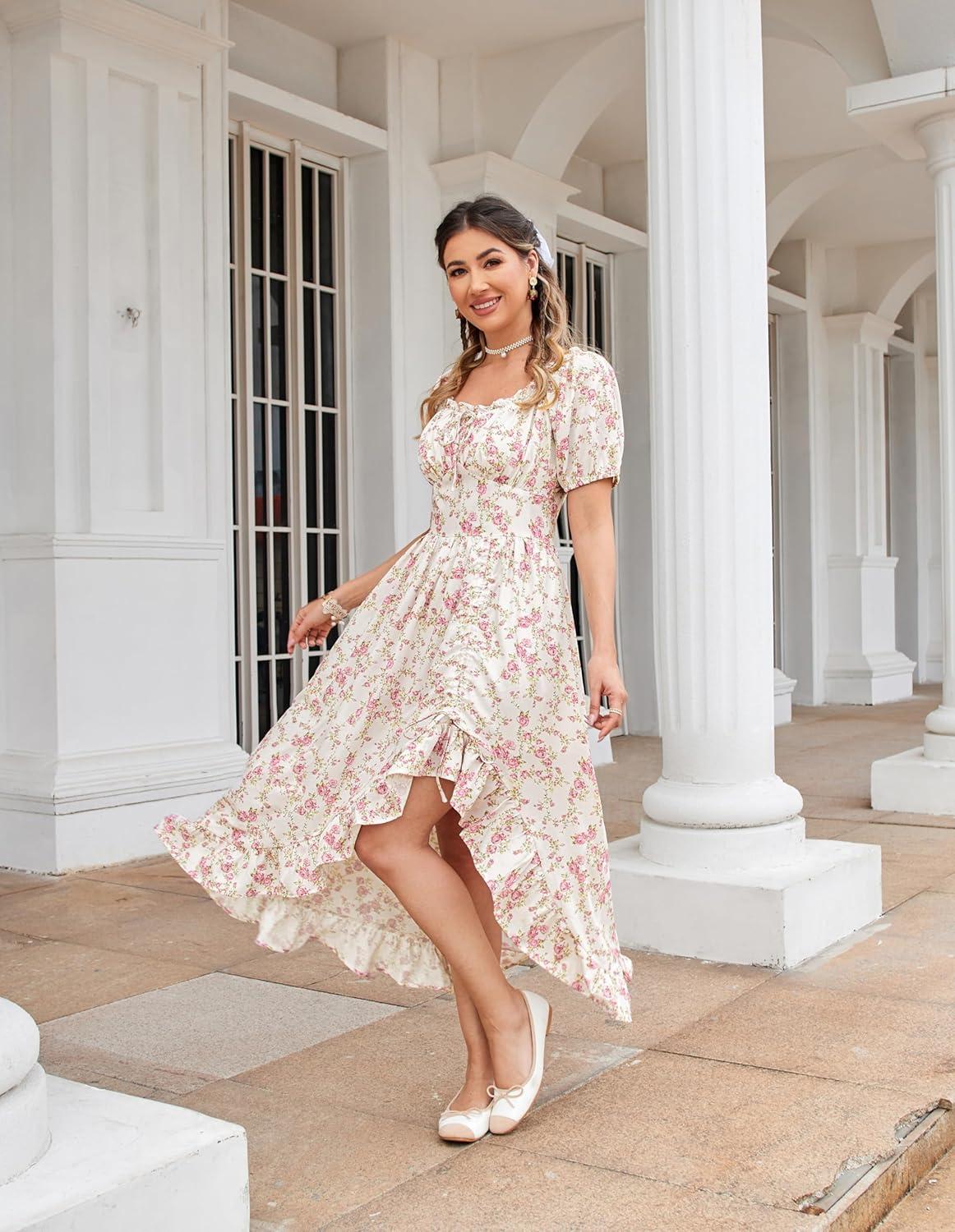 image:imageScarlet Darkness Renaissance Dress Women Cottagecore Corset Dress Ruffle Maxi Dress with PocketsPink Flower