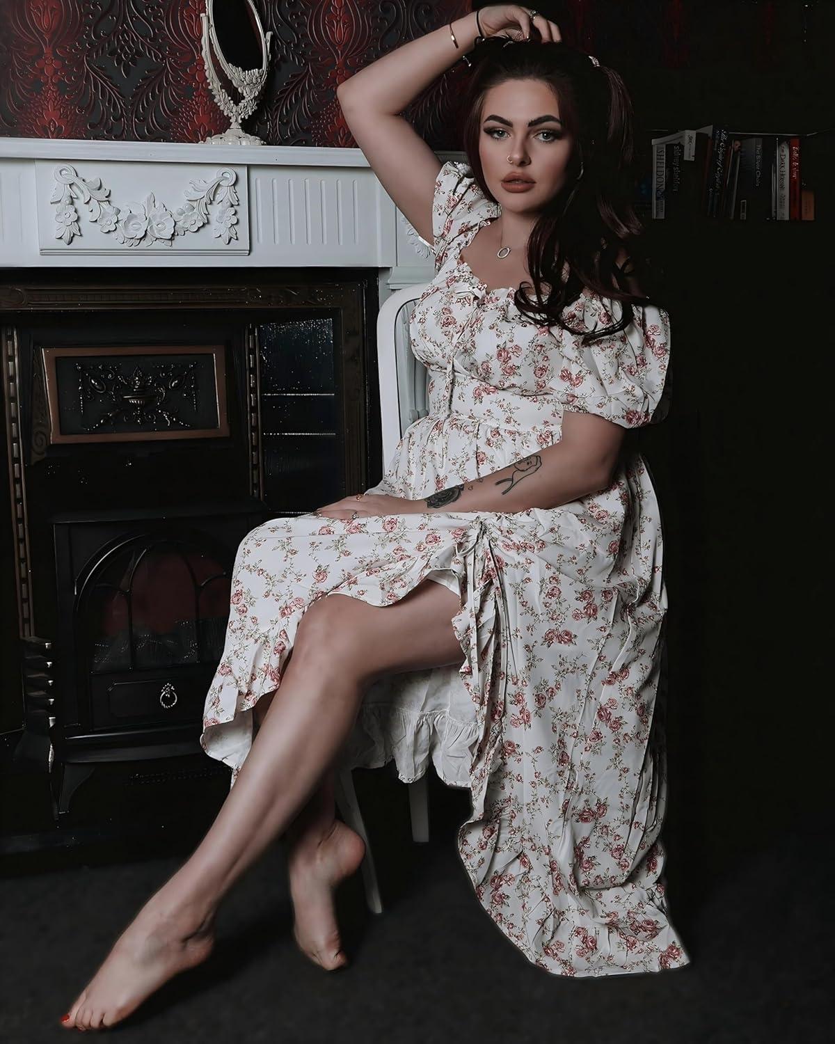 image:imageScarlet Darkness Renaissance Dress Women Cottagecore Corset Dress Ruffle Maxi Dress with PocketsPink Flower