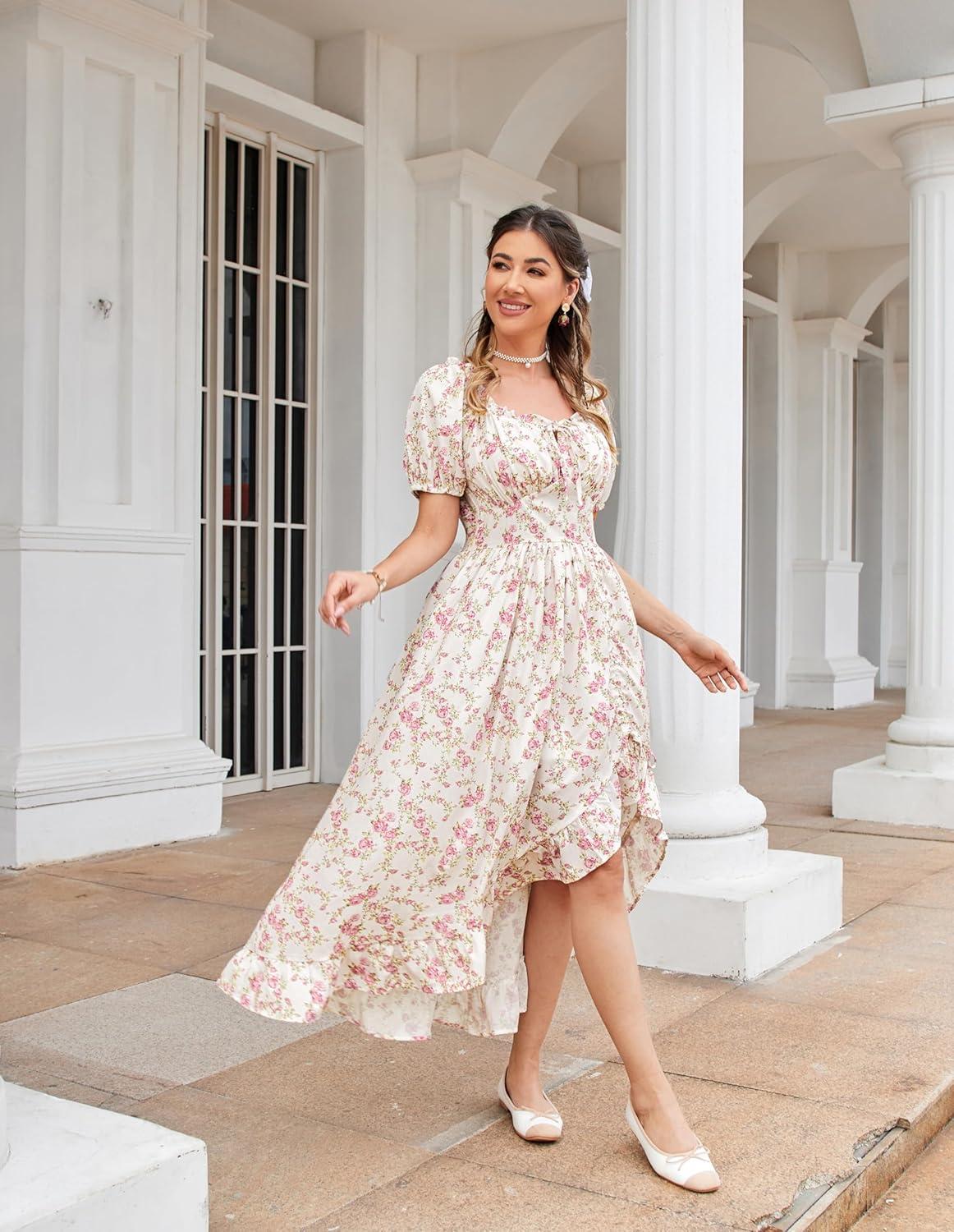 image:imageScarlet Darkness Renaissance Dress Women Cottagecore Corset Dress Ruffle Maxi Dress with PocketsPink Flower
