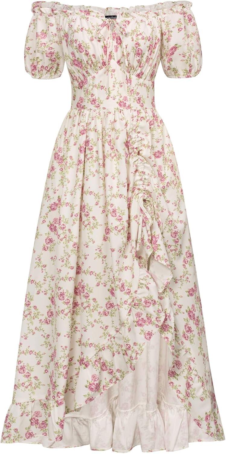 image:imageScarlet Darkness Renaissance Dress Women Cottagecore Corset Dress Ruffle Maxi Dress with PocketsPink Flower