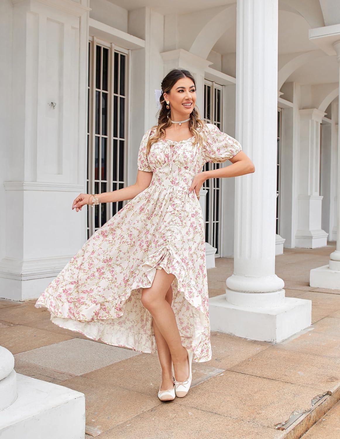 image:imageScarlet Darkness Renaissance Dress Women Cottagecore Corset Dress Ruffle Maxi Dress with PocketsPink Flower