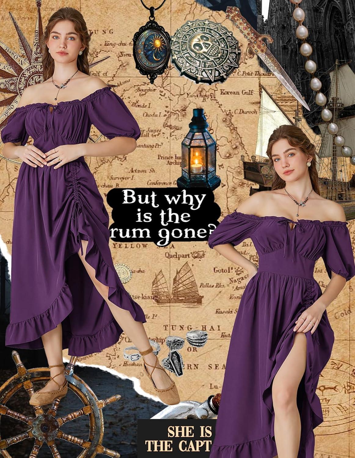 image:imageScarlet Darkness Renaissance Dress Women Cottagecore Corset Dress Ruffle Maxi Dress with PocketsPurple