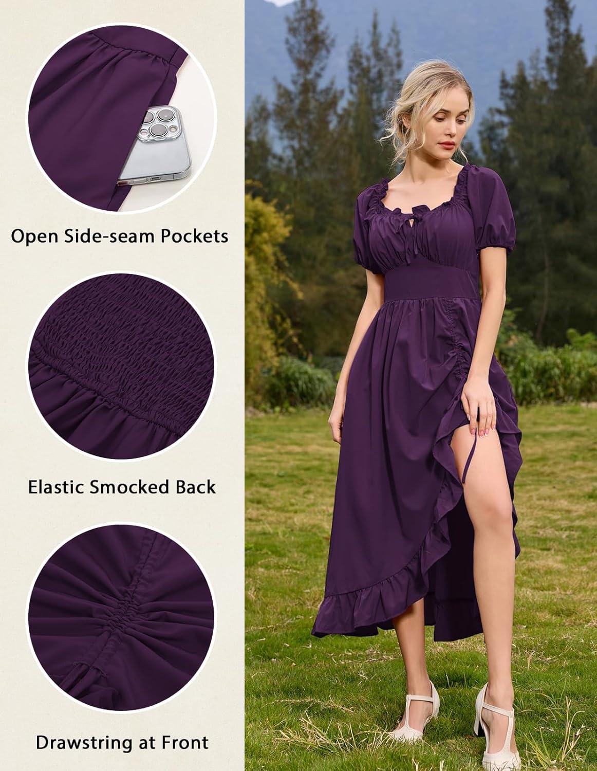 image:imageScarlet Darkness Renaissance Dress Women Cottagecore Corset Dress Ruffle Maxi Dress with PocketsPurple