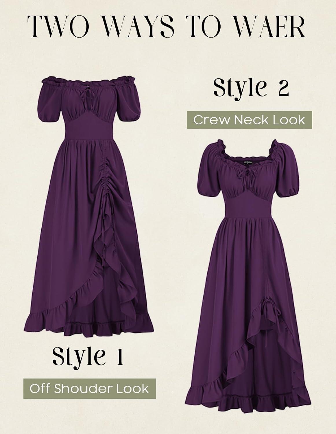 image:imageScarlet Darkness Renaissance Dress Women Cottagecore Corset Dress Ruffle Maxi Dress with PocketsPurple