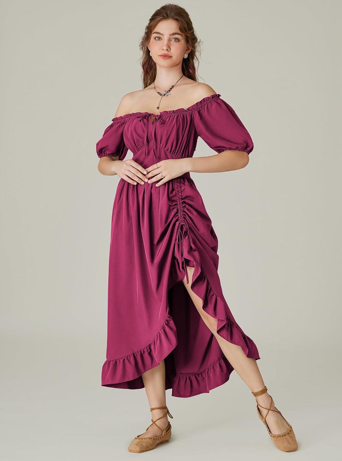image:imageScarlet Darkness Renaissance Dress Women Cottagecore Corset Dress Ruffle Maxi Dress with PocketsRose Red
