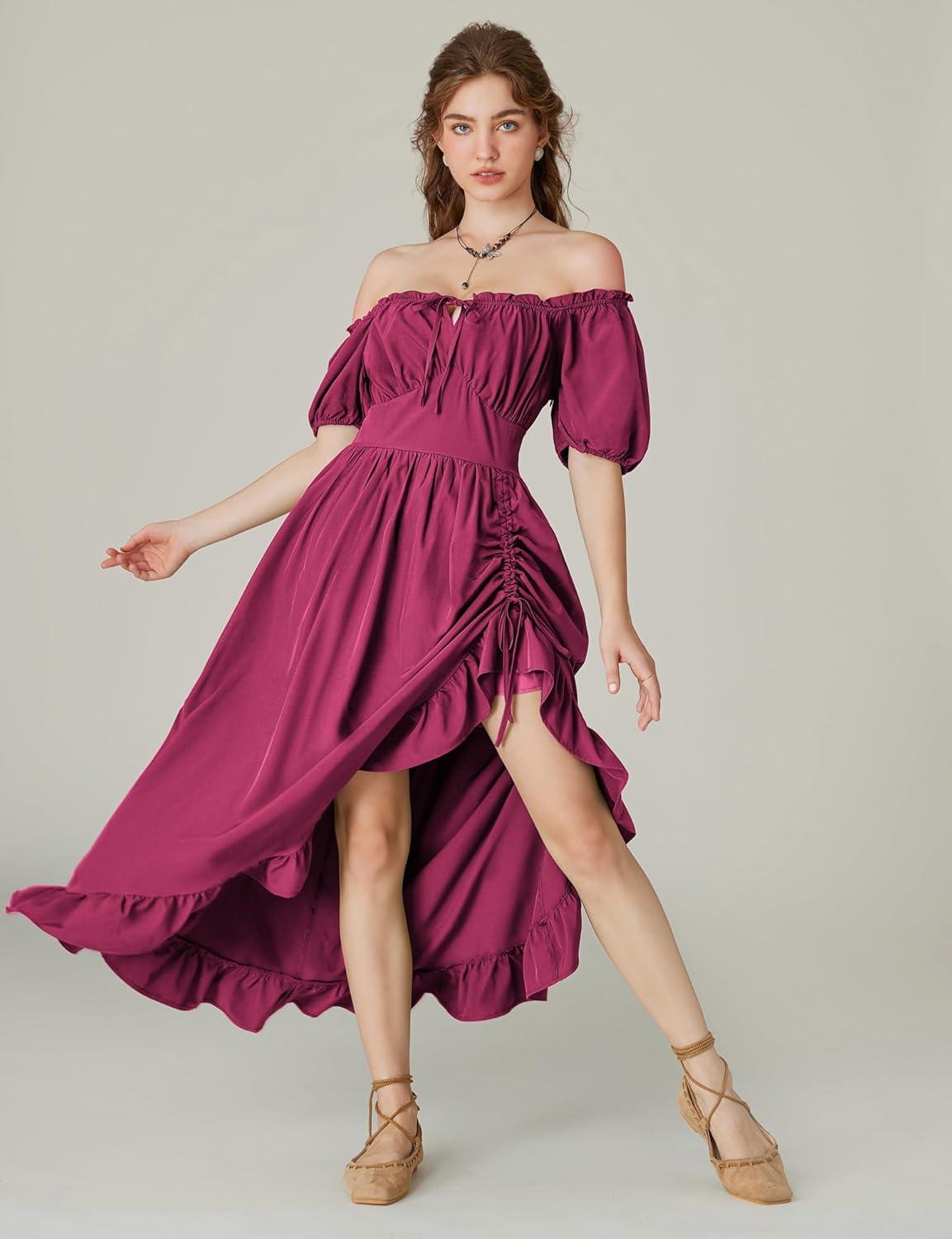 image:imageScarlet Darkness Renaissance Dress Women Cottagecore Corset Dress Ruffle Maxi Dress with PocketsRose Red
