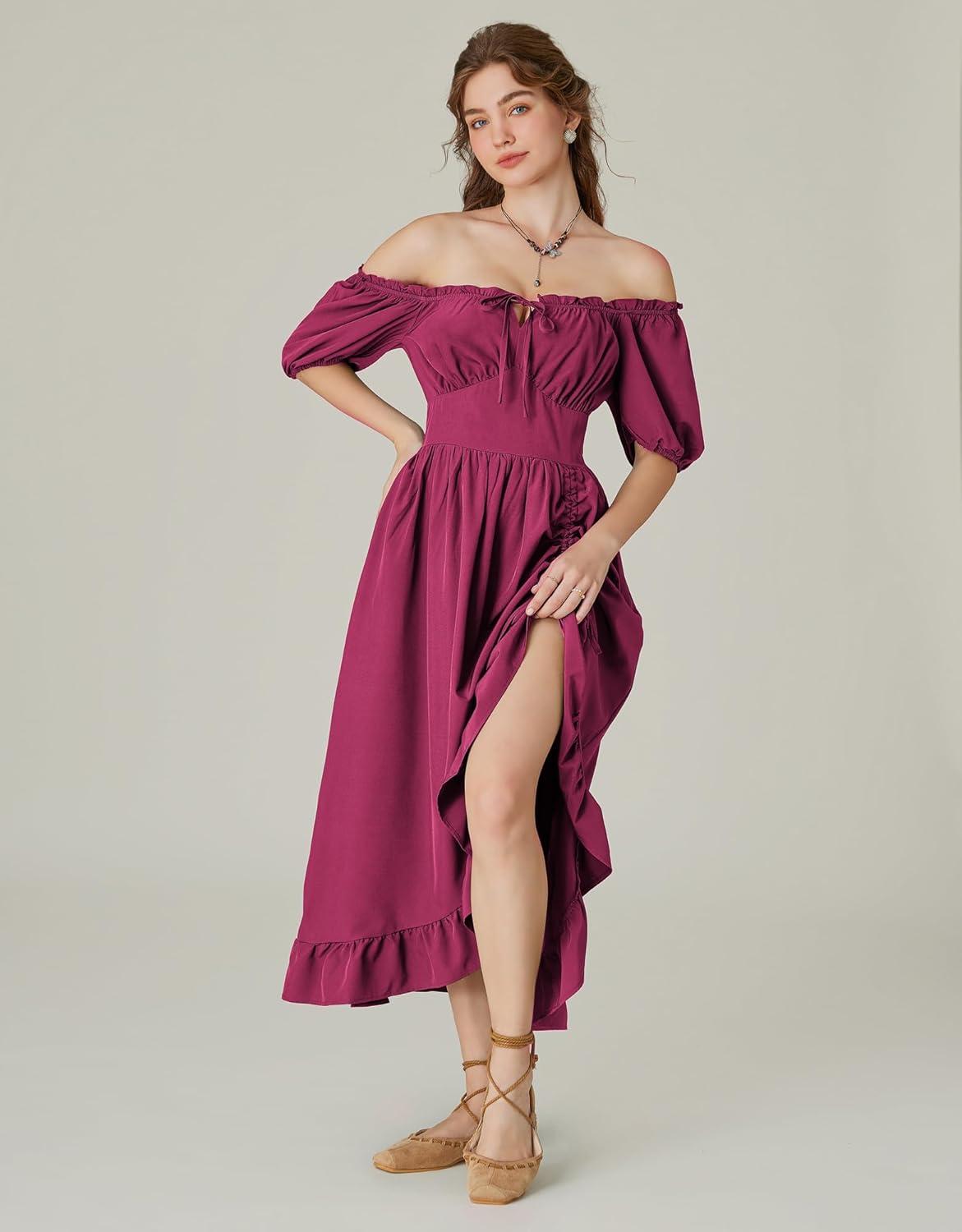 image:imageScarlet Darkness Renaissance Dress Women Cottagecore Corset Dress Ruffle Maxi Dress with PocketsRose Red