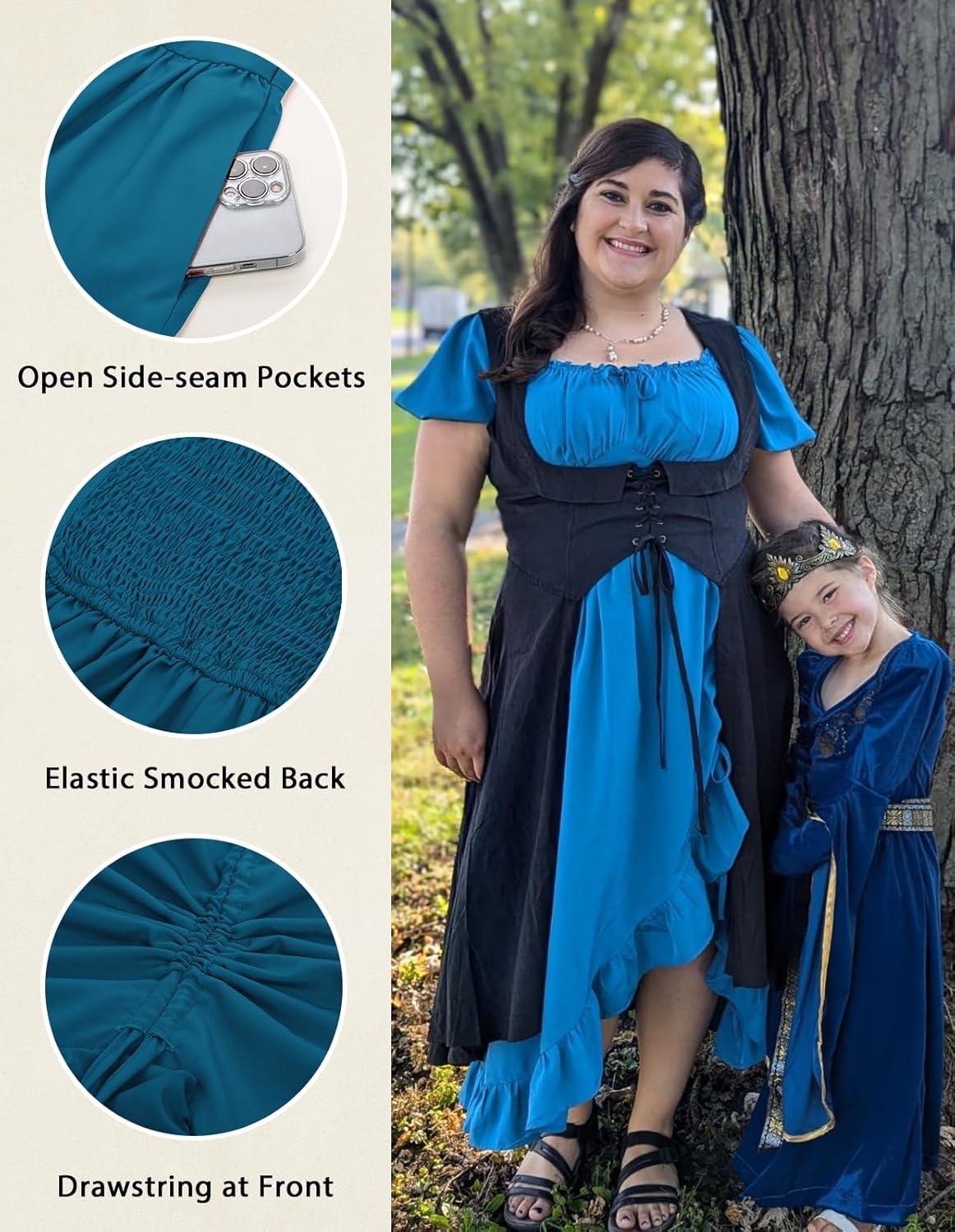 image:imageScarlet Darkness Renaissance Dress Women Cottagecore Corset Dress Ruffle Maxi Dress with PocketsSky Blue