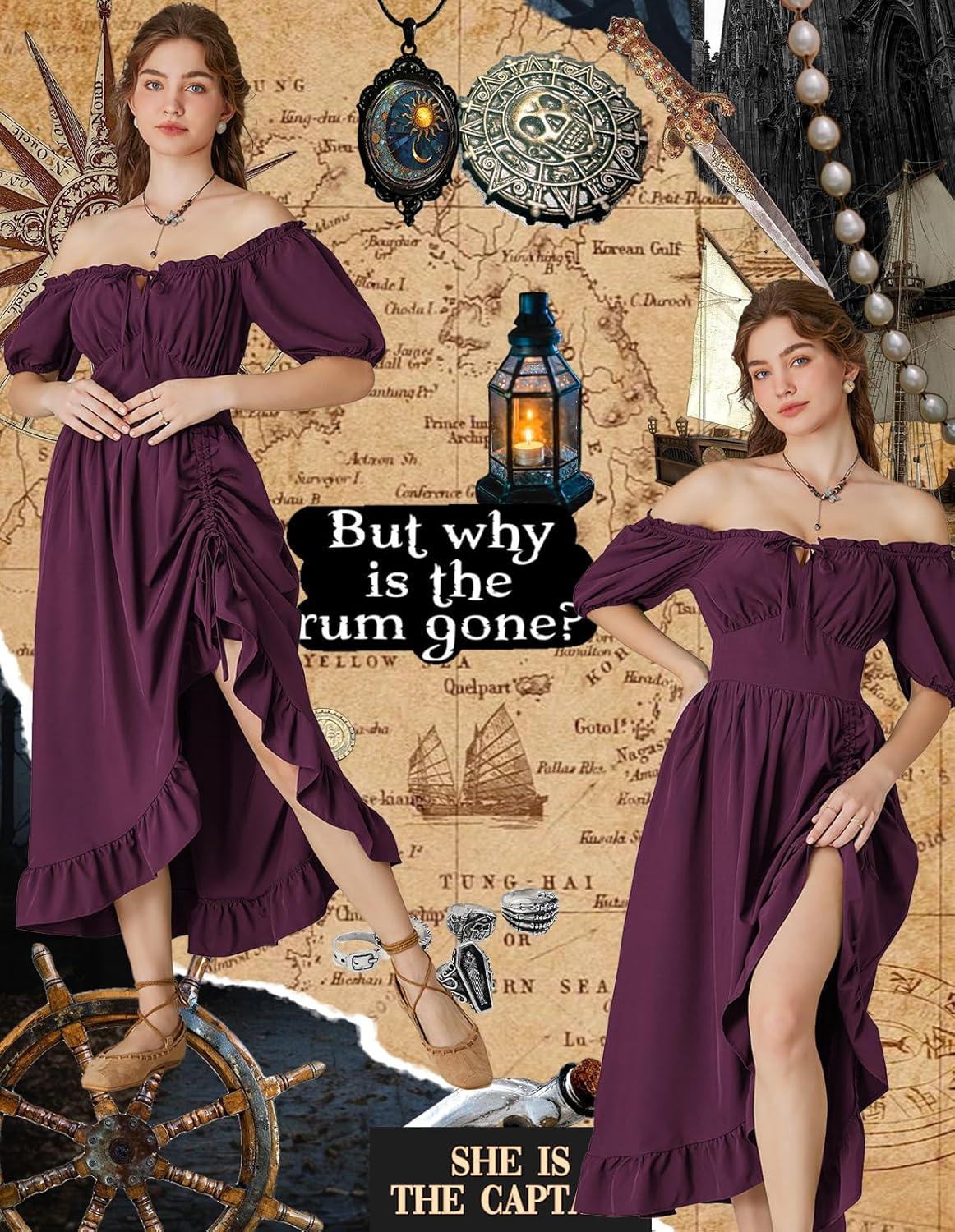 image:imageScarlet Darkness Renaissance Dress Women Cottagecore Corset Dress Ruffle Maxi Dress with PocketsWine Red