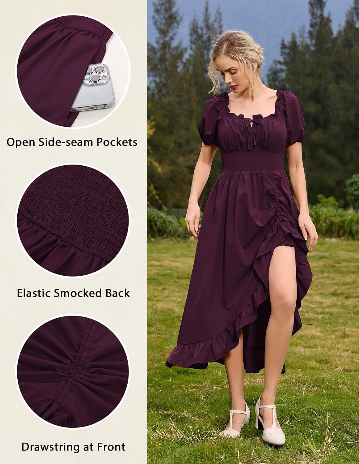 image:imageScarlet Darkness Renaissance Dress Women Cottagecore Corset Dress Ruffle Maxi Dress with PocketsWine Red
