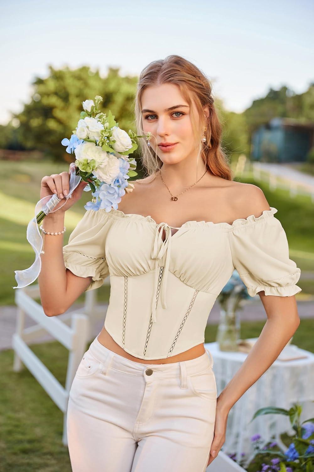 image:imageScarlet Darkness Vintage Corset Tops for Women Renaissance Blouse Off Shoulder Puff Sleeves TopBeige