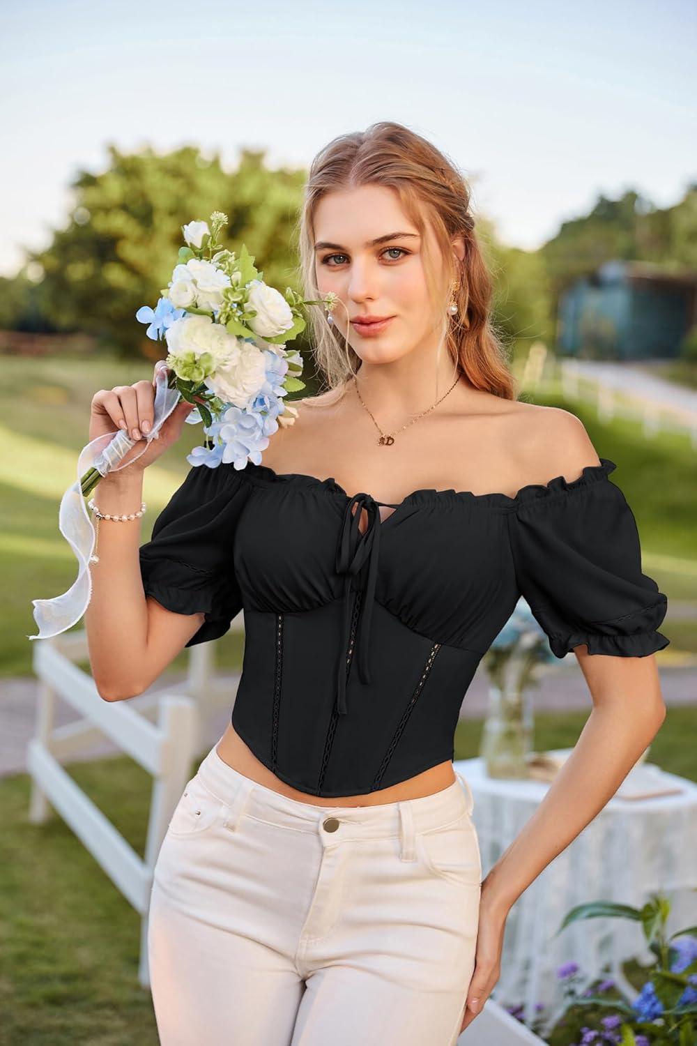 image:imageScarlet Darkness Vintage Corset Tops for Women Renaissance Blouse Off Shoulder Puff Sleeves TopBlack
