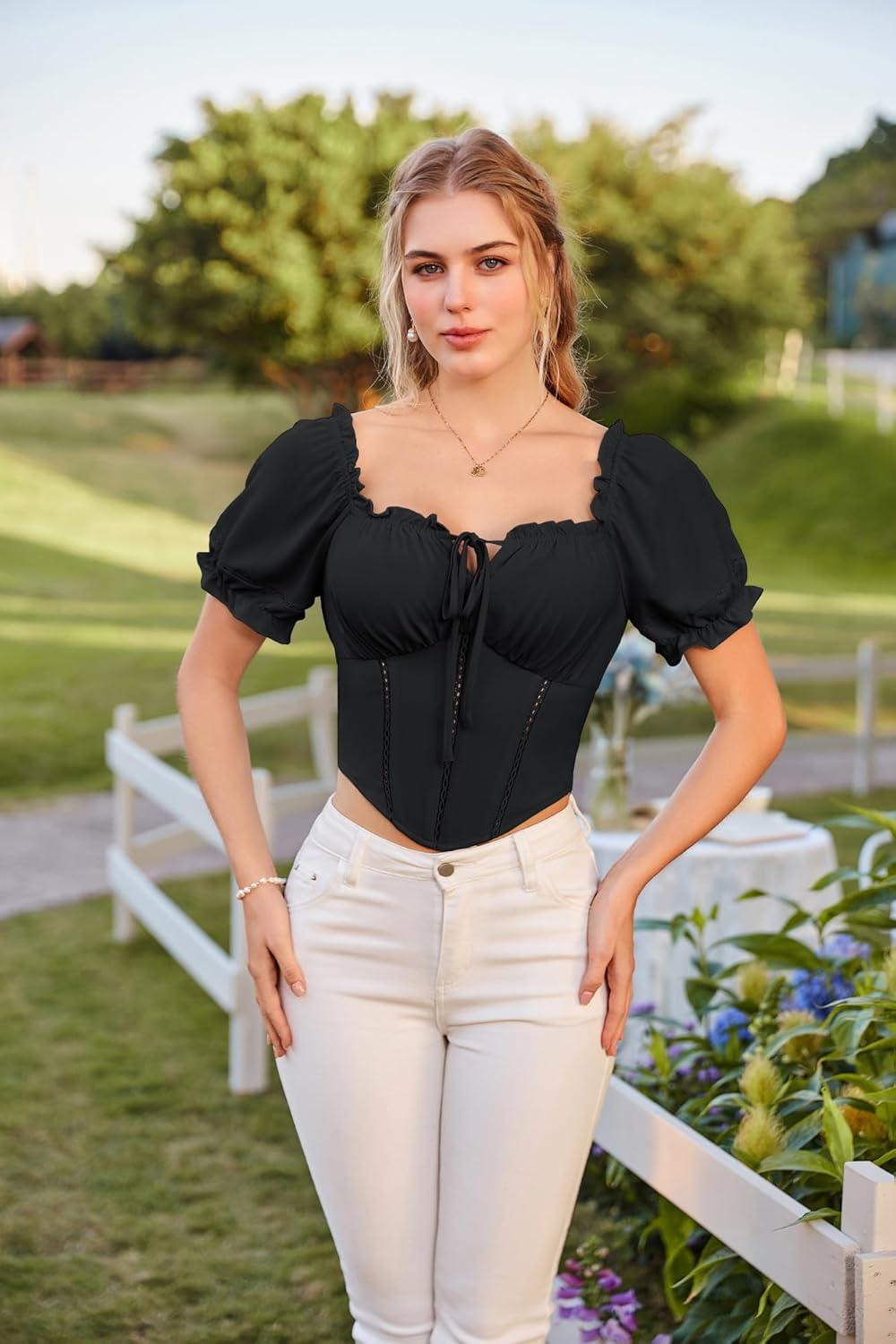 image:imageScarlet Darkness Vintage Corset Tops for Women Renaissance Blouse Off Shoulder Puff Sleeves TopBlack