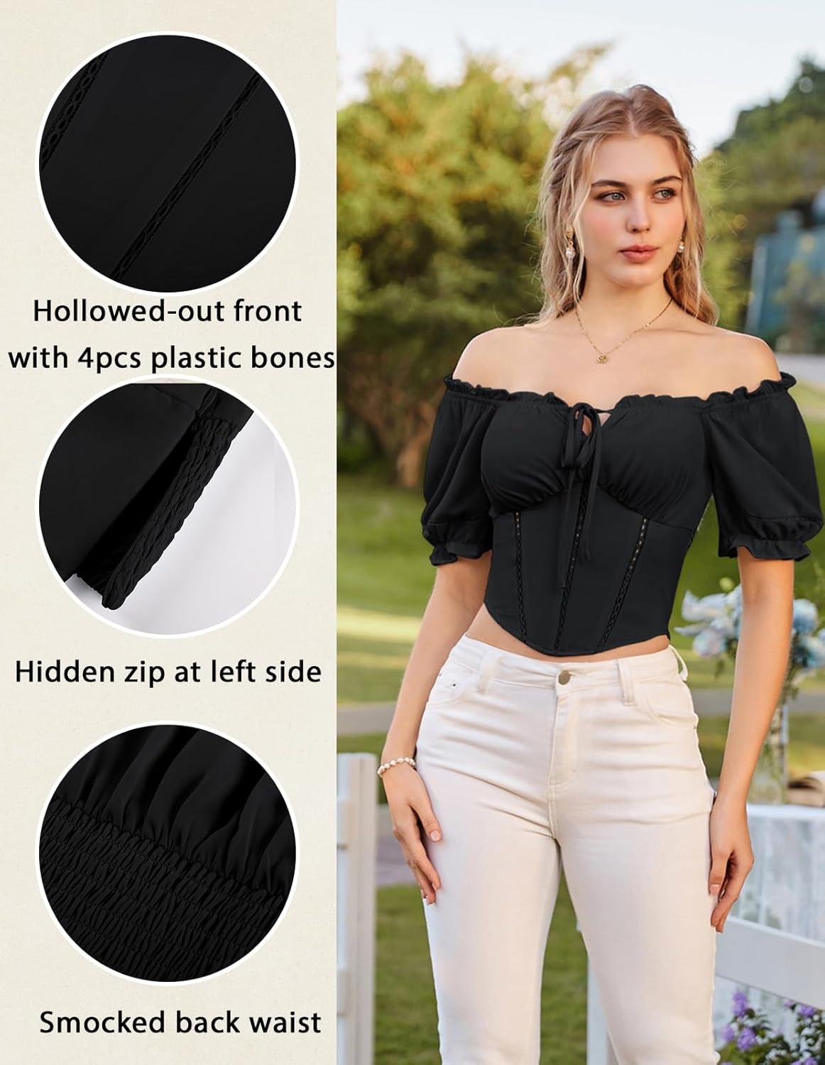 image:imageScarlet Darkness Vintage Corset Tops for Women Renaissance Blouse Off Shoulder Puff Sleeves TopBlack