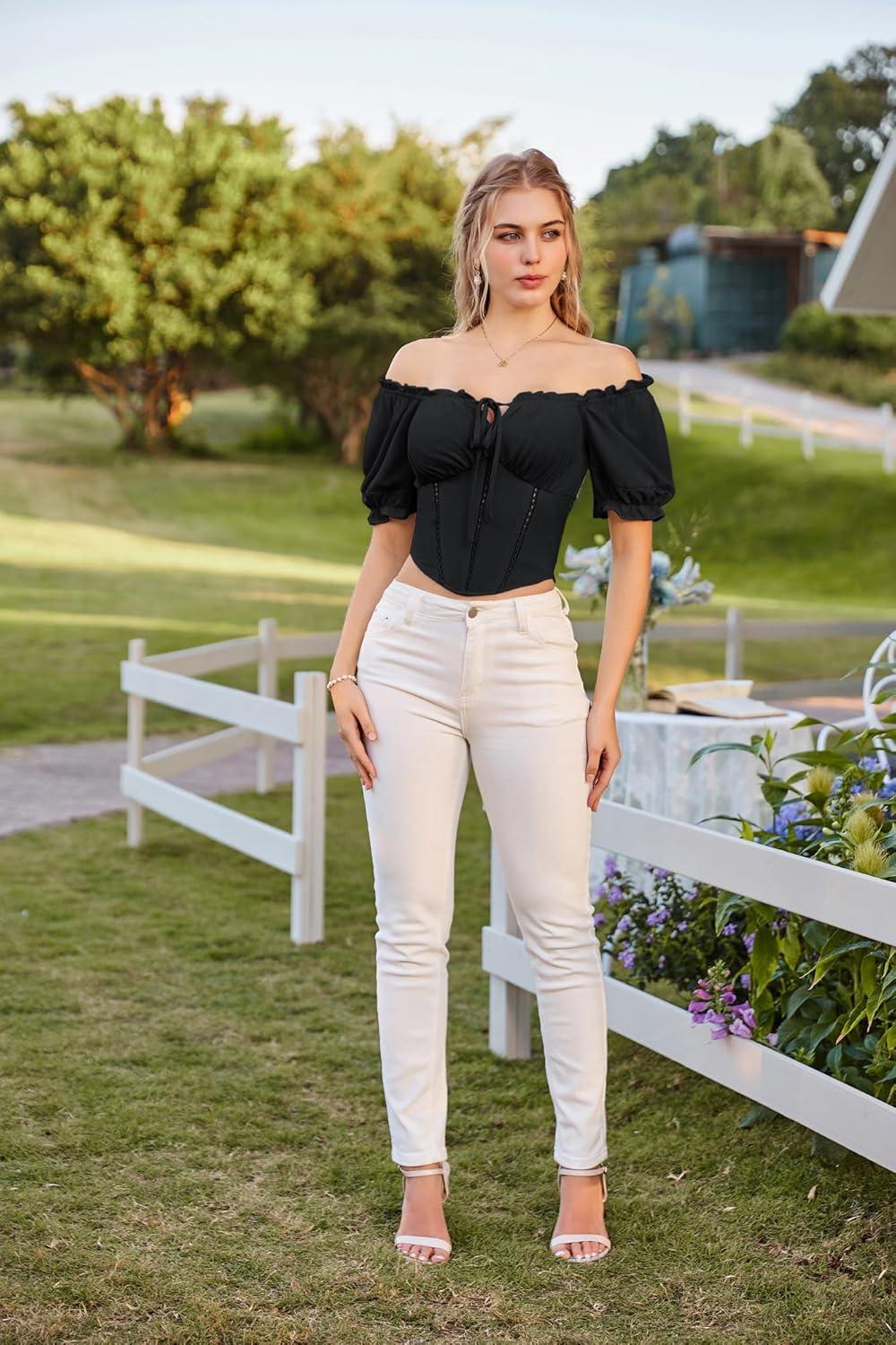 image:imageScarlet Darkness Vintage Corset Tops for Women Renaissance Blouse Off Shoulder Puff Sleeves TopBlack