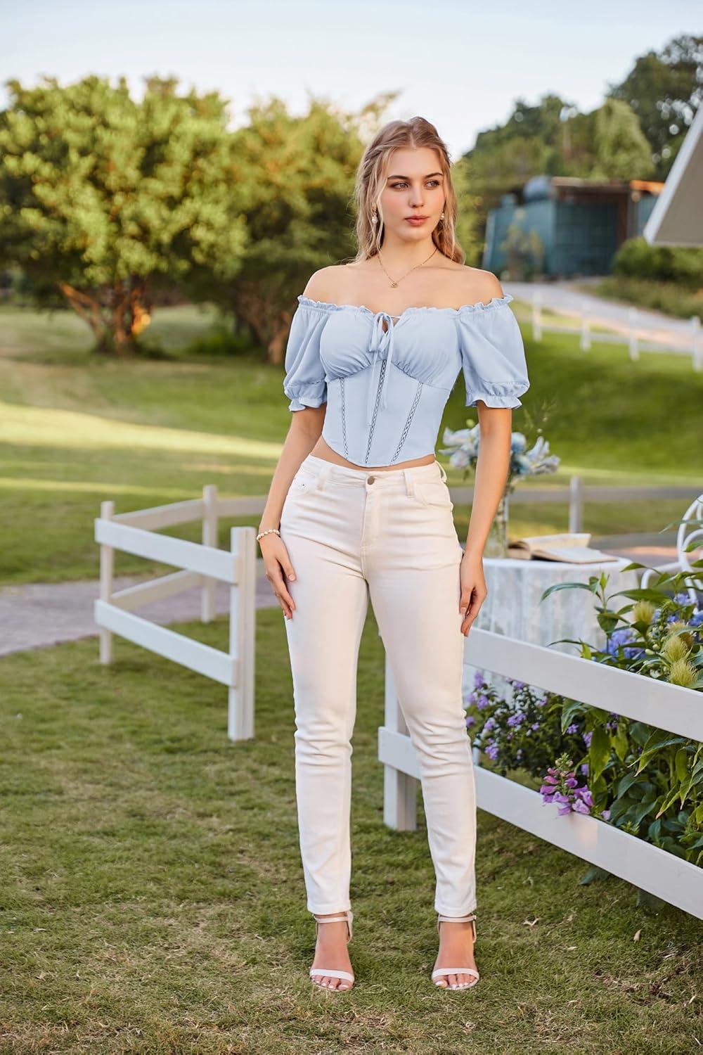image:imageScarlet Darkness Vintage Corset Tops for Women Renaissance Blouse Off Shoulder Puff Sleeves TopBlue