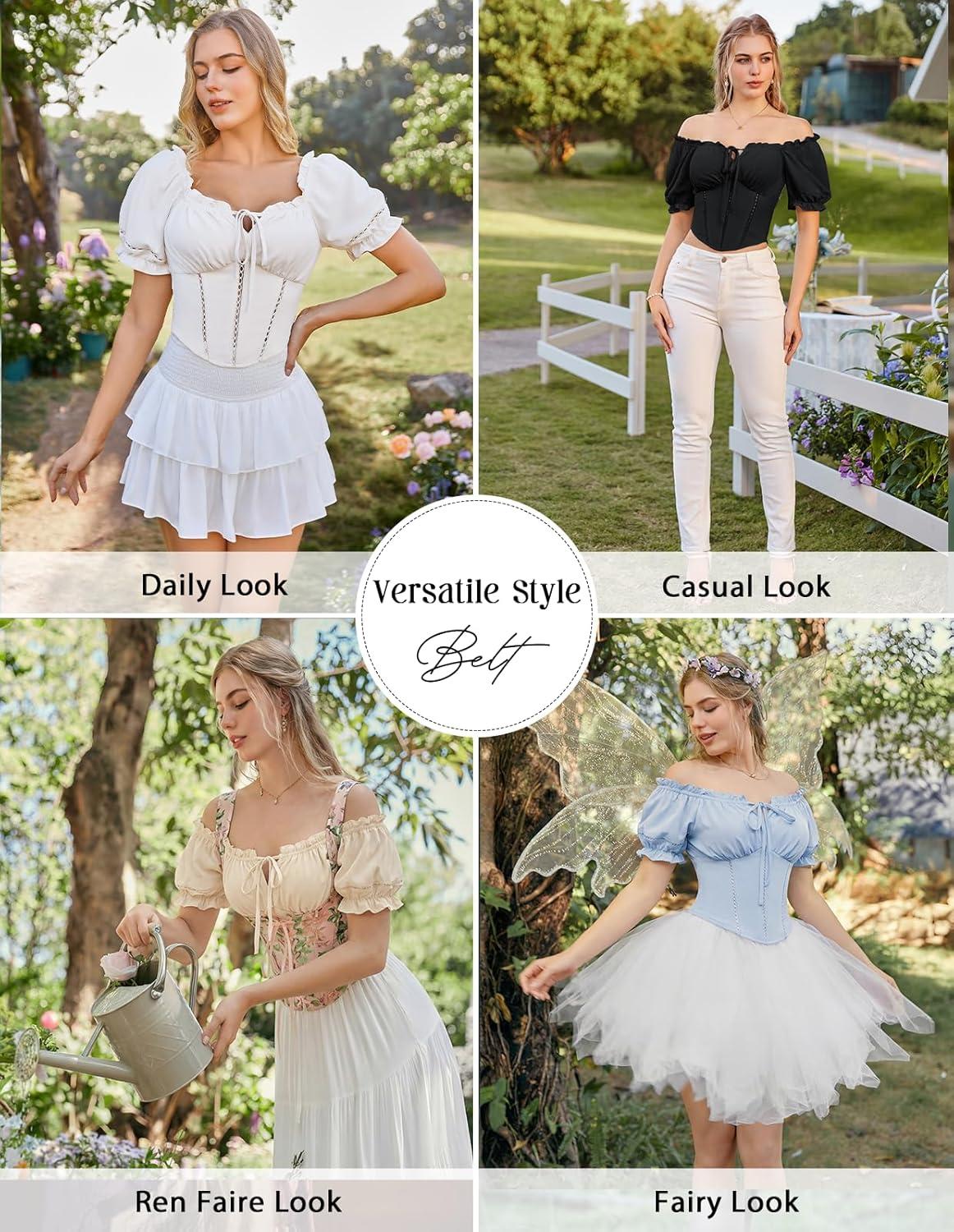 image:imageScarlet Darkness Vintage Corset Tops for Women Renaissance Blouse Off Shoulder Puff Sleeves TopBlue