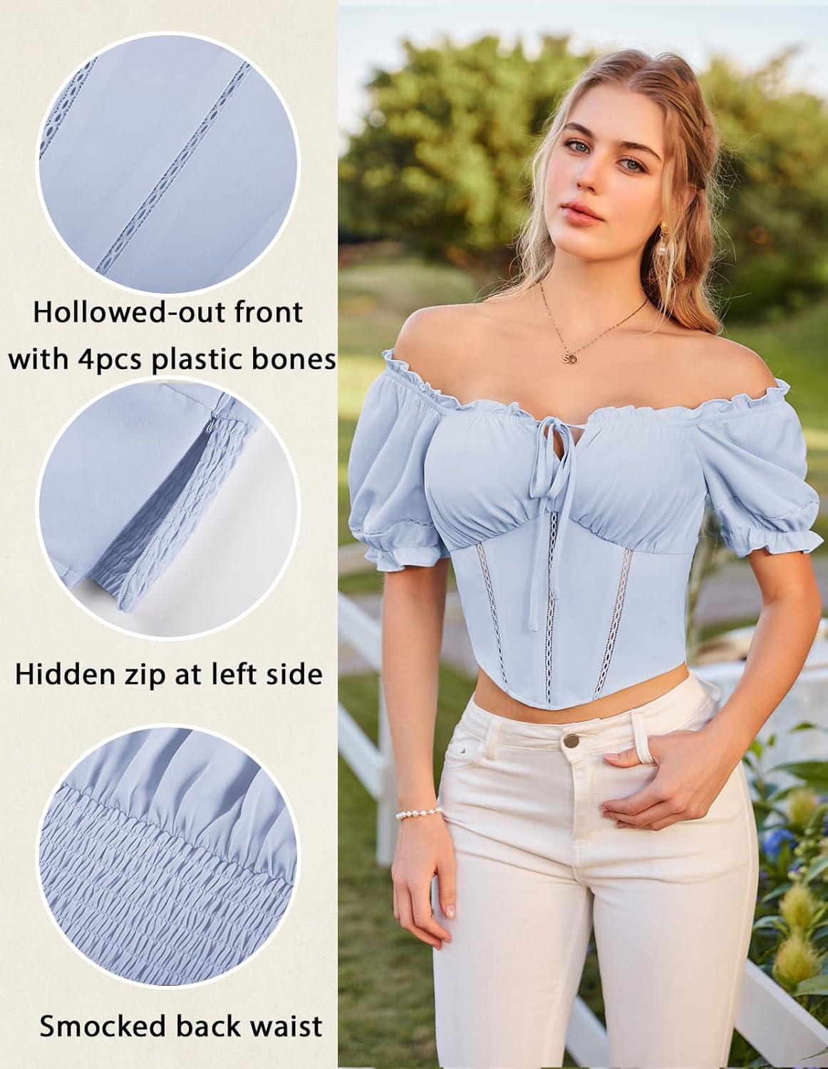 image:imageScarlet Darkness Vintage Corset Tops for Women Renaissance Blouse Off Shoulder Puff Sleeves TopBlue