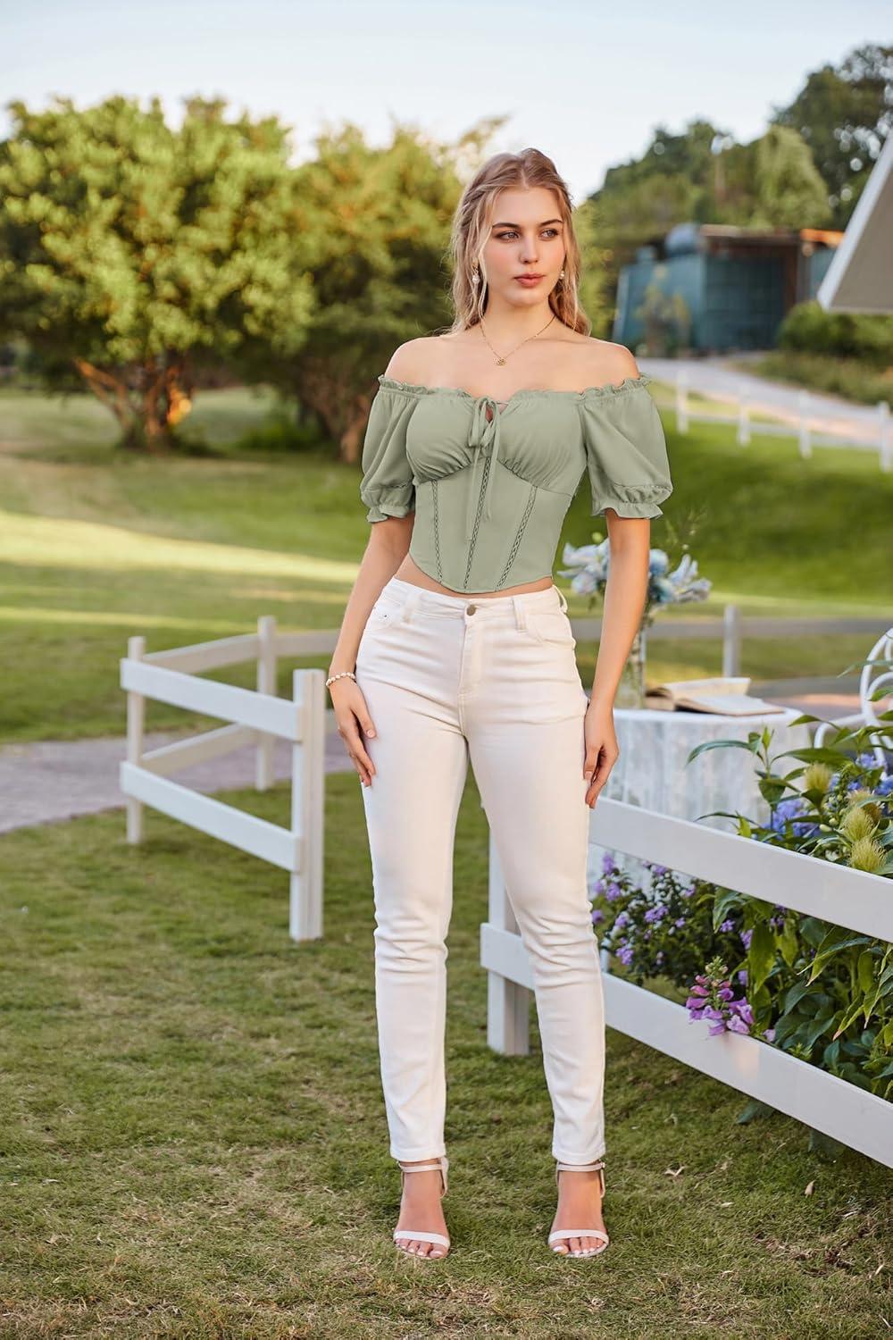 image:imageScarlet Darkness Vintage Corset Tops for Women Renaissance Blouse Off Shoulder Puff Sleeves TopGreen Bay