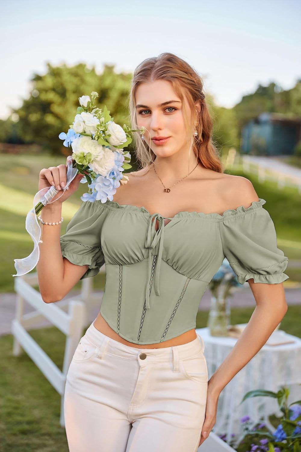 image:imageScarlet Darkness Vintage Corset Tops for Women Renaissance Blouse Off Shoulder Puff Sleeves TopGreen Bay