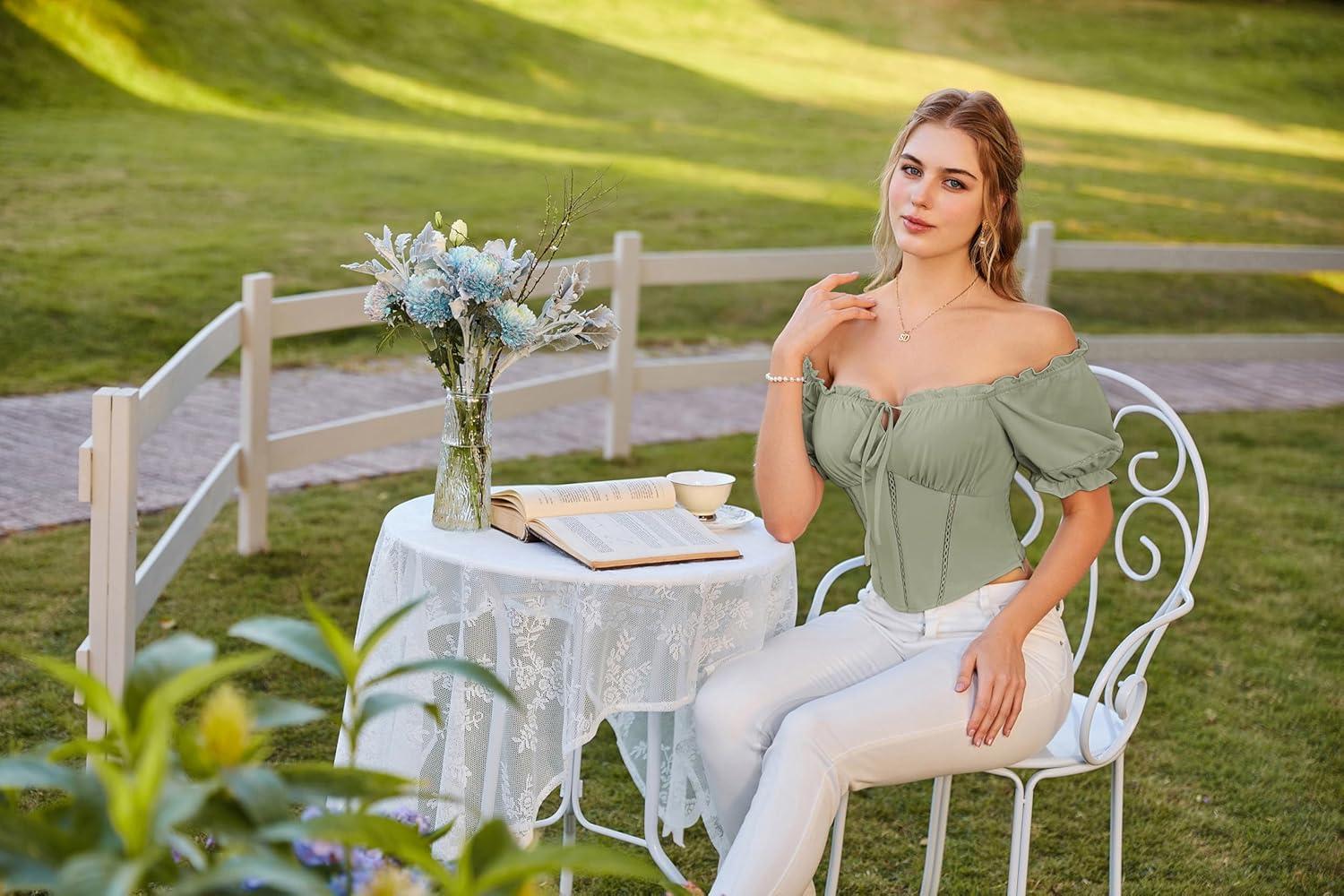 image:imageScarlet Darkness Vintage Corset Tops for Women Renaissance Blouse Off Shoulder Puff Sleeves TopGreen Bay