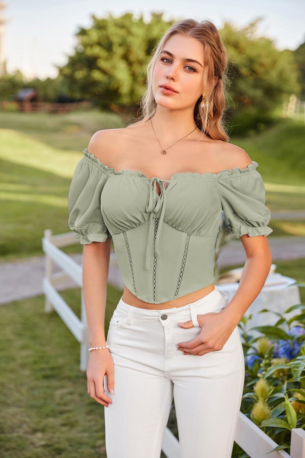 image:imageScarlet Darkness Vintage Corset Tops for Women Renaissance Blouse Off Shoulder Puff Sleeves TopGreen Bay
