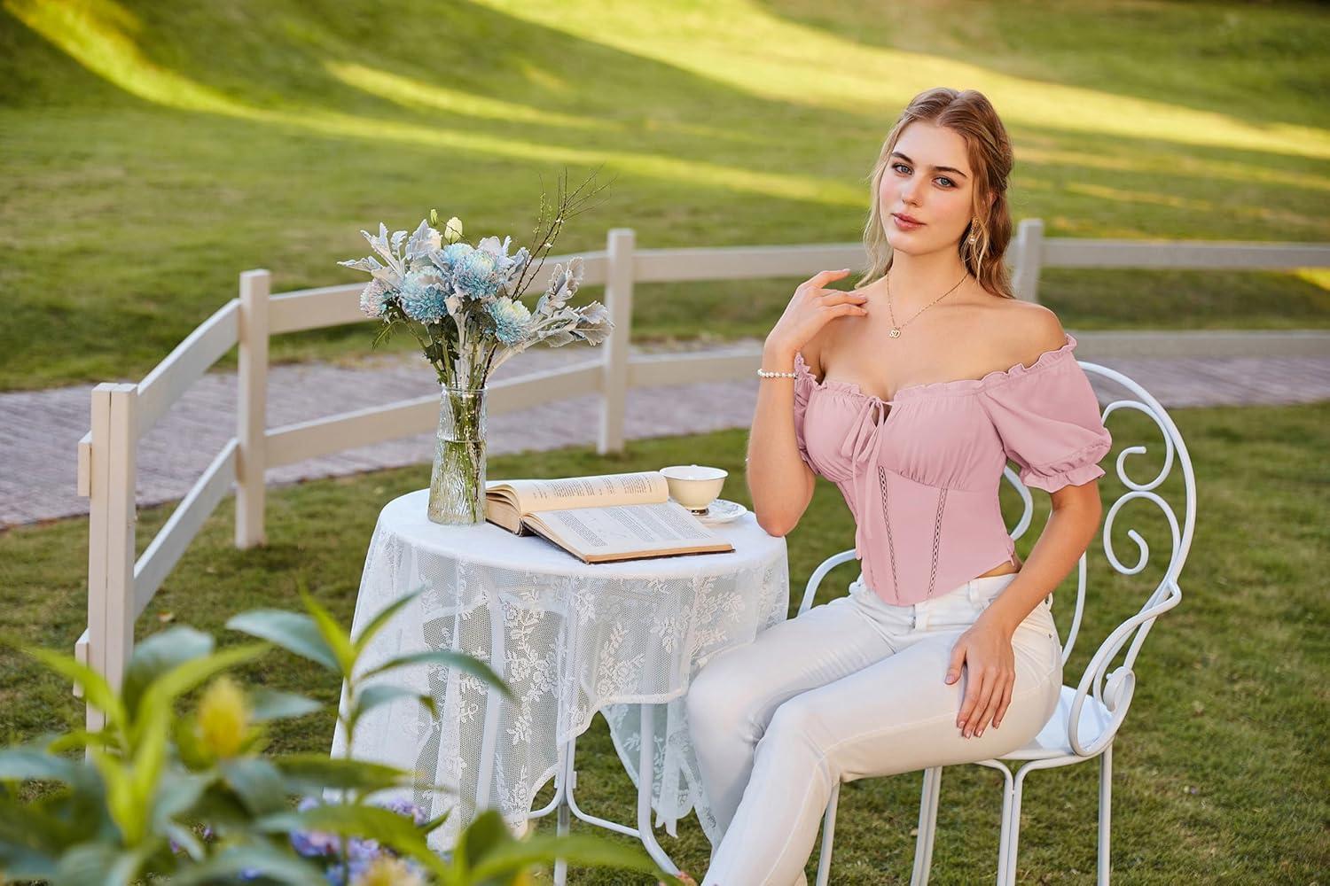 image:imageScarlet Darkness Vintage Corset Tops for Women Renaissance Blouse Off Shoulder Puff Sleeves TopLight Pink