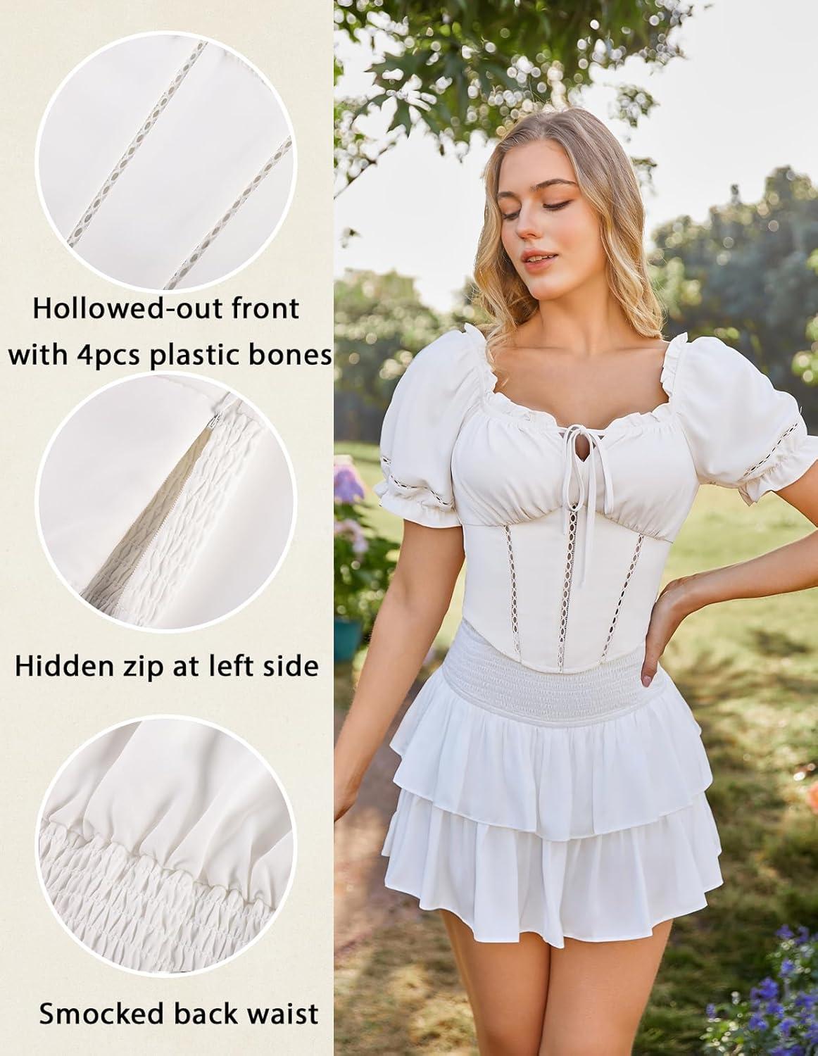 image:imageScarlet Darkness Vintage Corset Tops for Women Renaissance Blouse Off Shoulder Puff Sleeves TopWhite