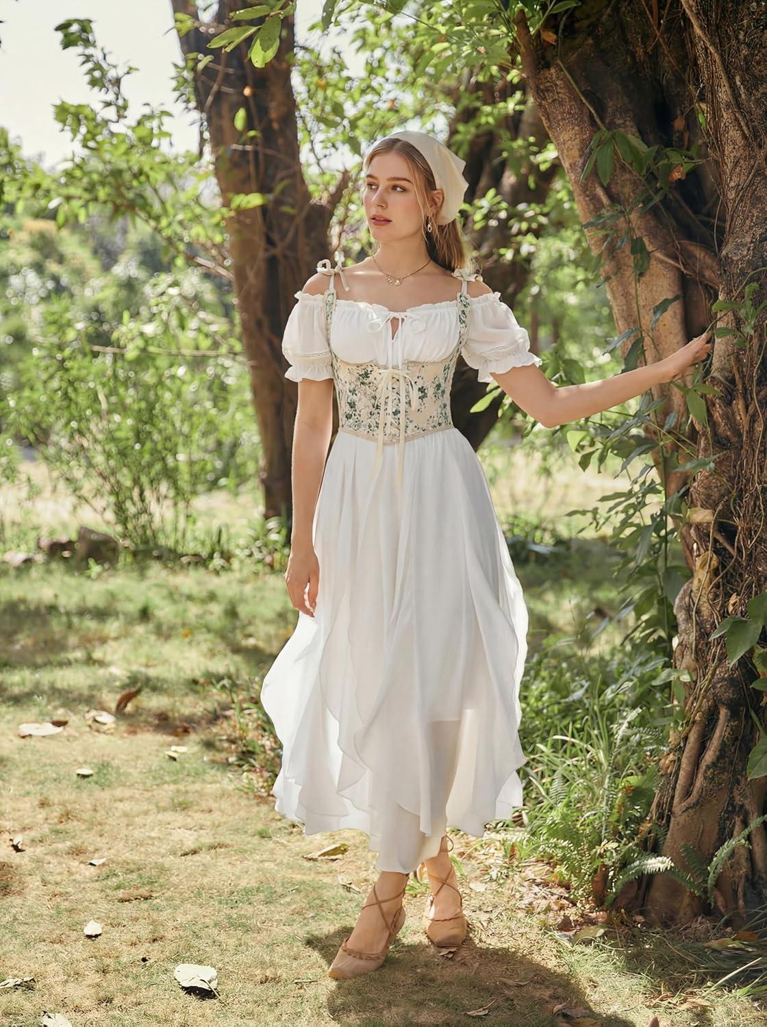 image:imageScarlet Darkness Vintage Corset Tops for Women Renaissance Blouse Off Shoulder Puff Sleeves TopWhite