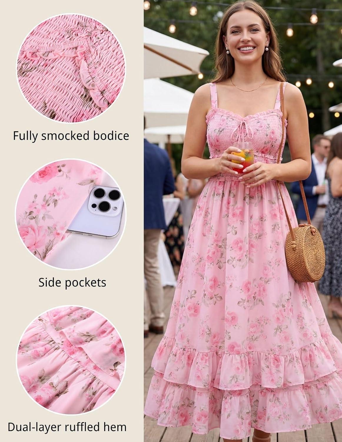 image:imageScarlet Darkness Womens Floral Cottagecore Dress Smocked A Line Casual Milkmaid Sundress with PocketsPink Flower