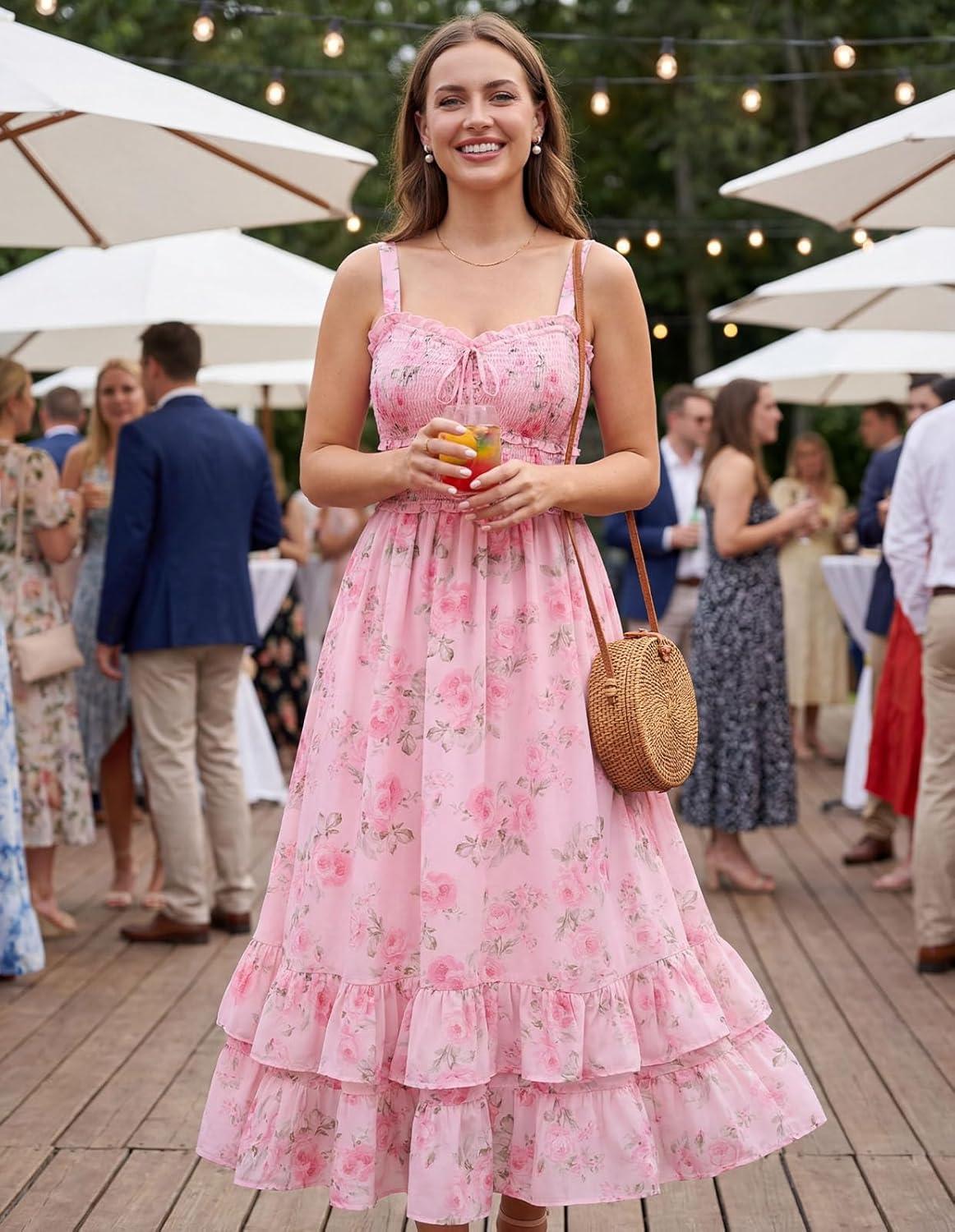 image:imageScarlet Darkness Womens Floral Cottagecore Dress Smocked A Line Casual Milkmaid Sundress with PocketsPink Flower