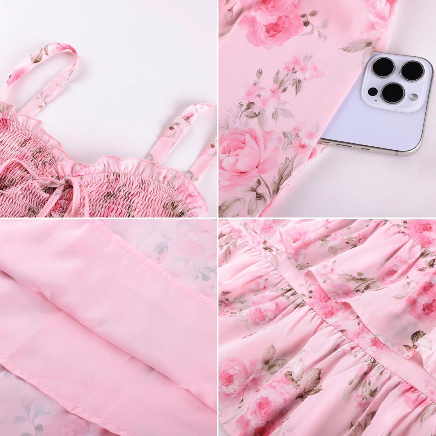 image:imageScarlet Darkness Womens Floral Cottagecore Dress Smocked A Line Casual Milkmaid Sundress with PocketsPink Flower