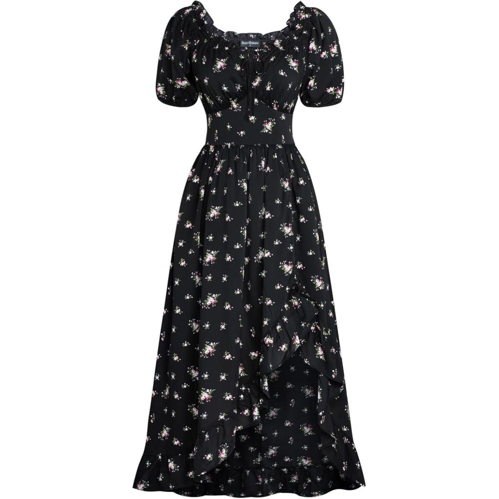 image:imageScarlet Darkness Renaissance Dress Women Cottagecore Corset Dress Ruffle Maxi Dress with PocketsBlack Pink