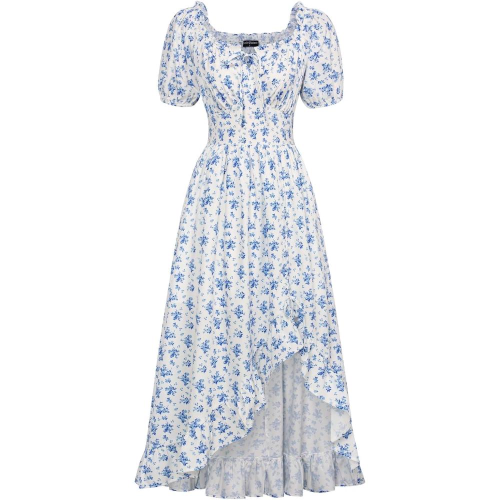 image:imageScarlet Darkness Renaissance Dress Women Cottagecore Corset Dress Ruffle Maxi Dress with PocketsBlue Flower