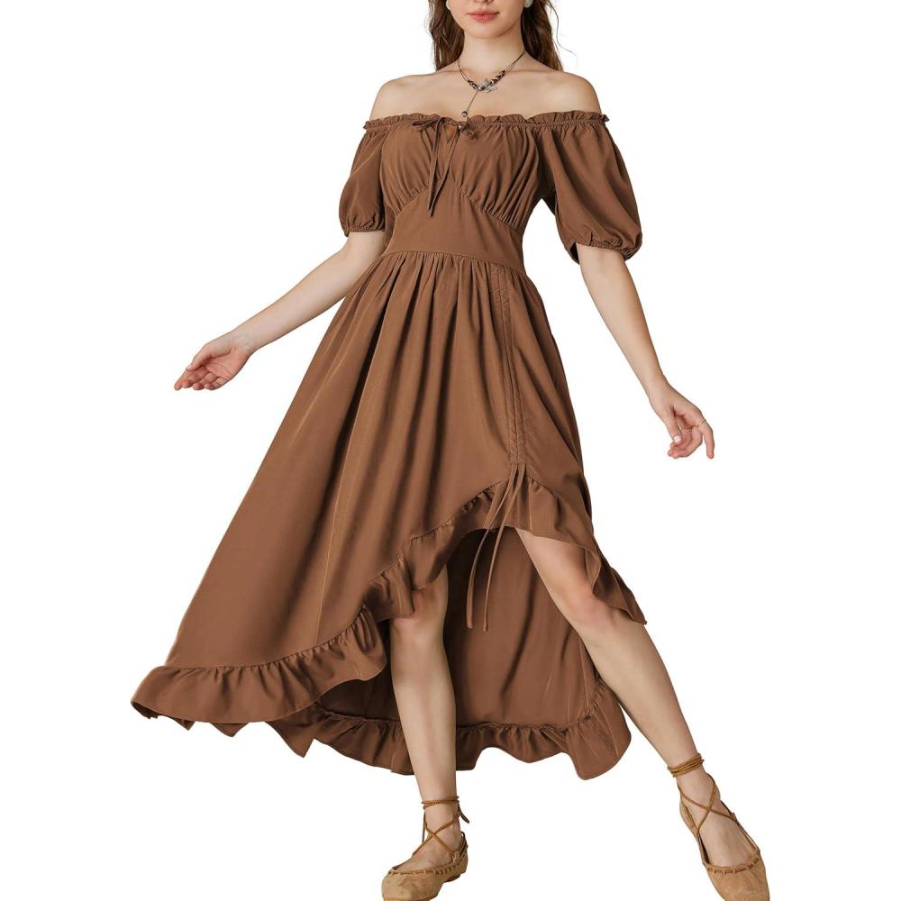 image:imageScarlet Darkness Renaissance Dress Women Cottagecore Corset Dress Ruffle Maxi Dress with PocketsBrown