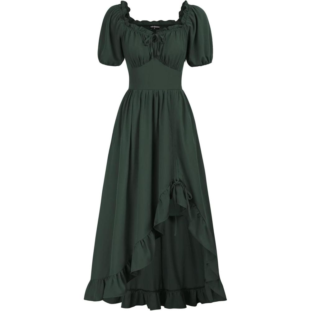 image:imageScarlet Darkness Renaissance Dress Women Cottagecore Corset Dress Ruffle Maxi Dress with PocketsDark Green