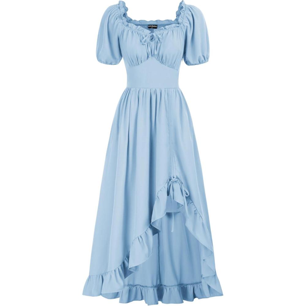 image:imageScarlet Darkness Renaissance Dress Women Cottagecore Corset Dress Ruffle Maxi Dress with PocketsLight Blue