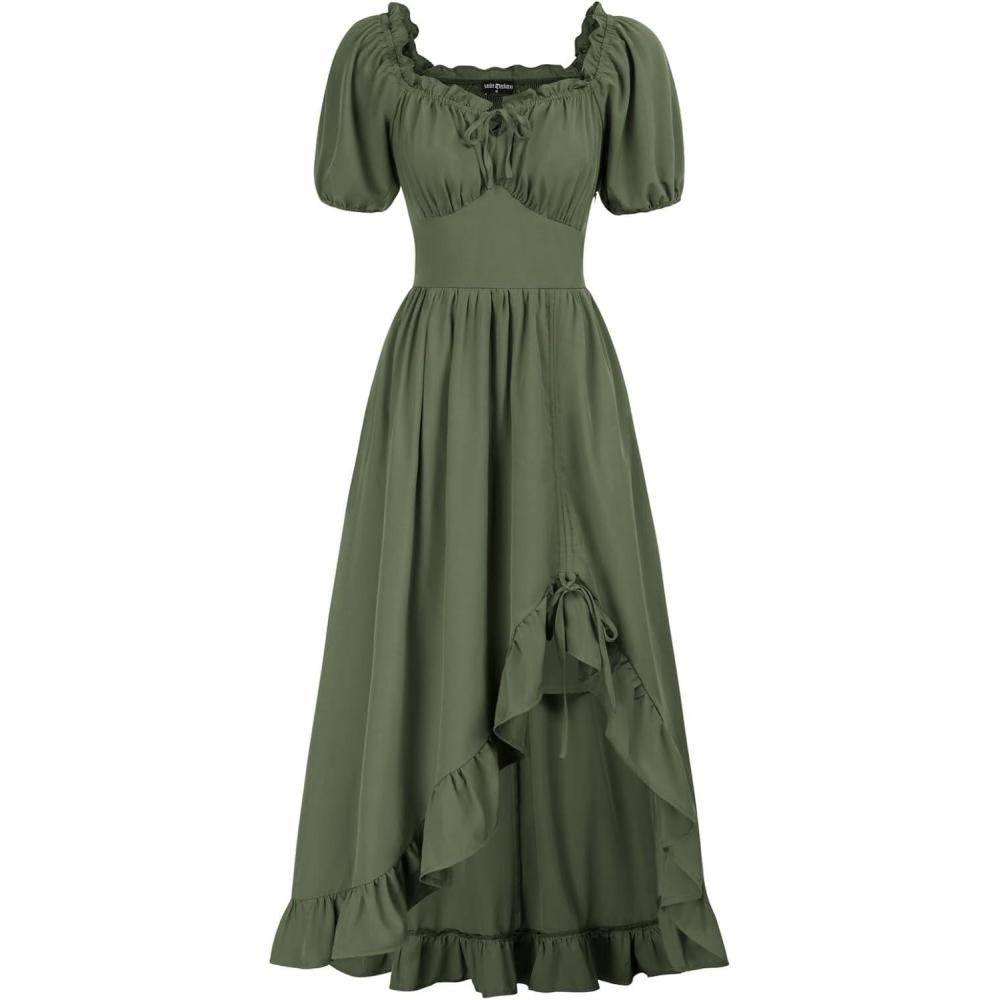 image:imageScarlet Darkness Renaissance Dress Women Cottagecore Corset Dress Ruffle Maxi Dress with PocketsOlive Green