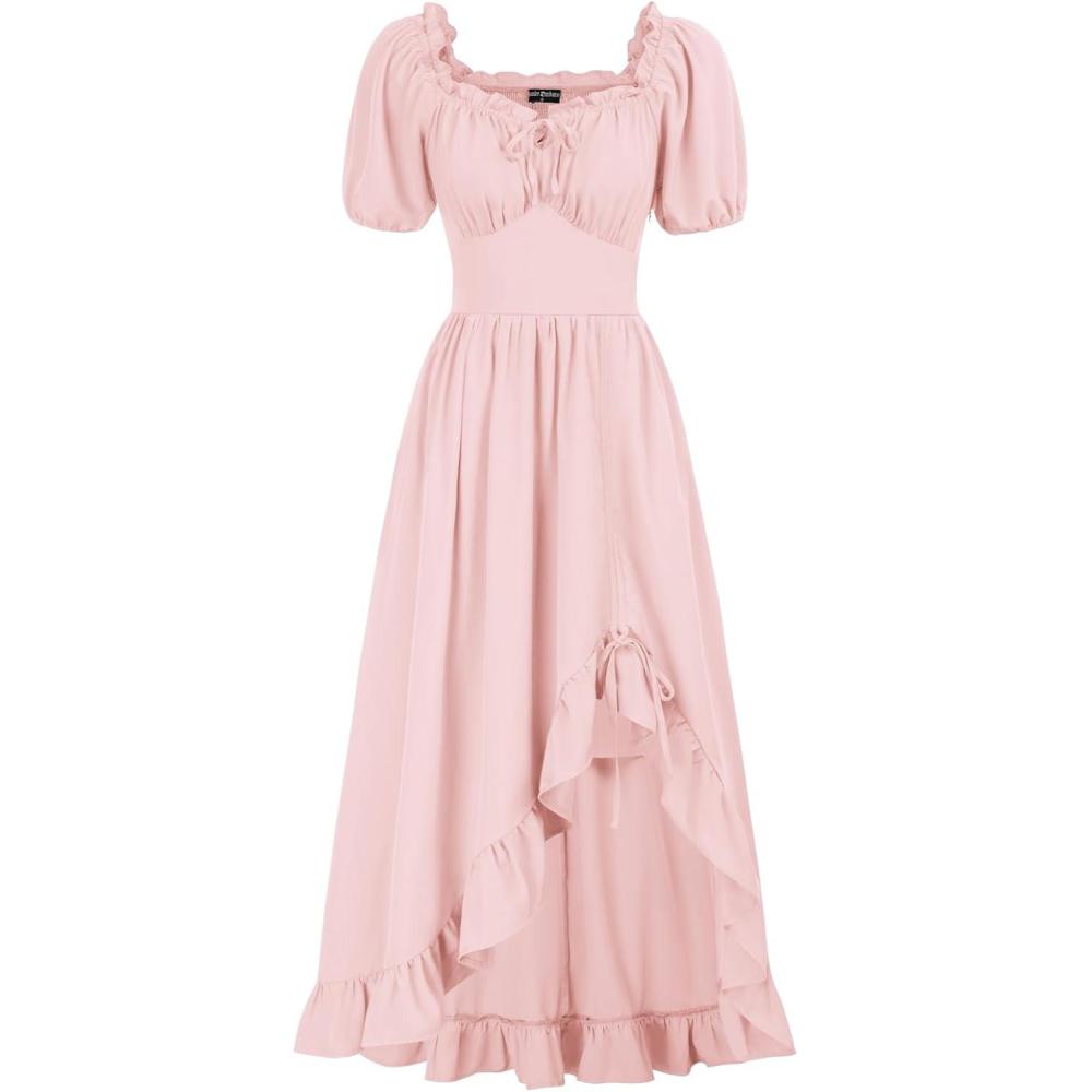 image:imageScarlet Darkness Renaissance Dress Women Cottagecore Corset Dress Ruffle Maxi Dress with PocketsPink