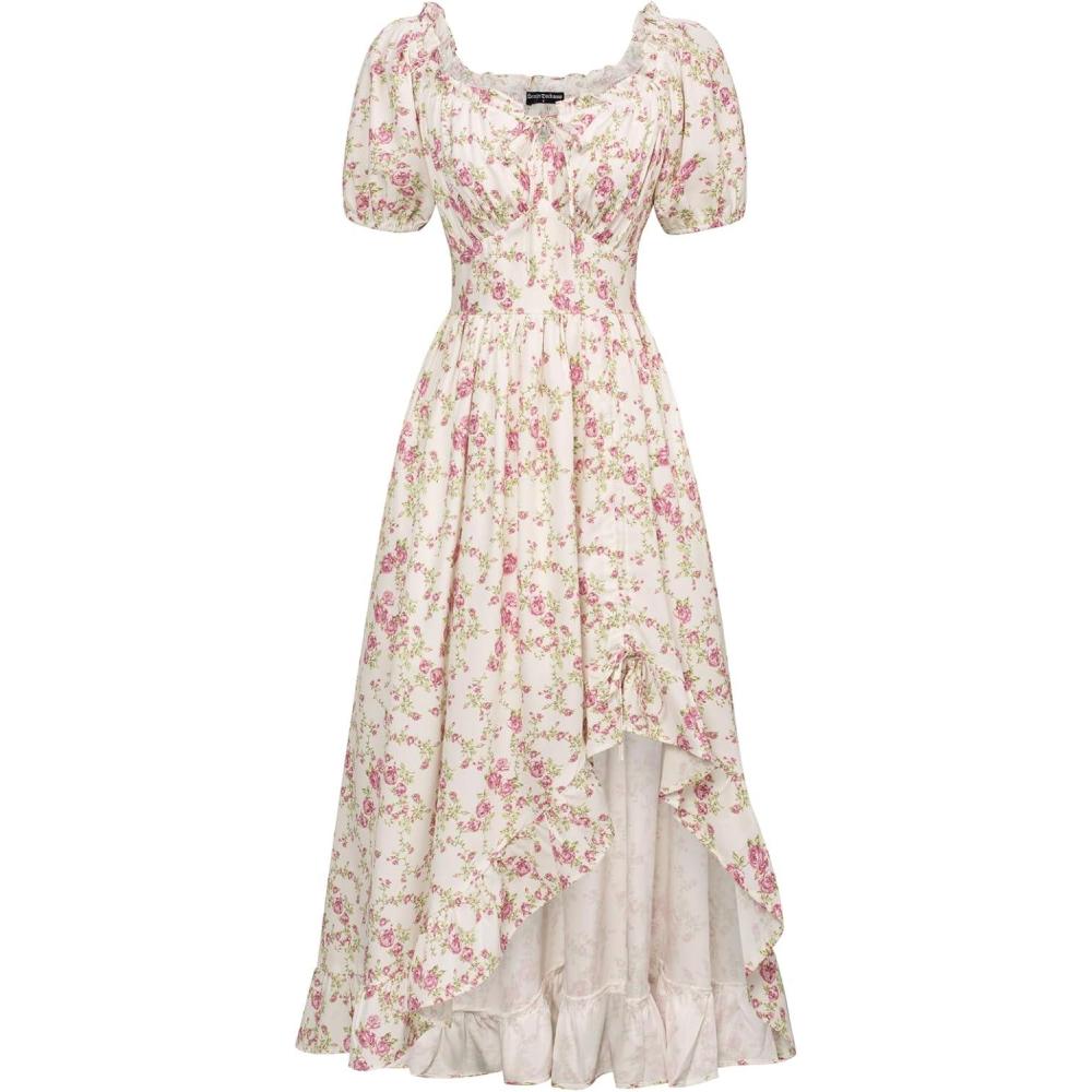 image:imageScarlet Darkness Renaissance Dress Women Cottagecore Corset Dress Ruffle Maxi Dress with PocketsPink Flower