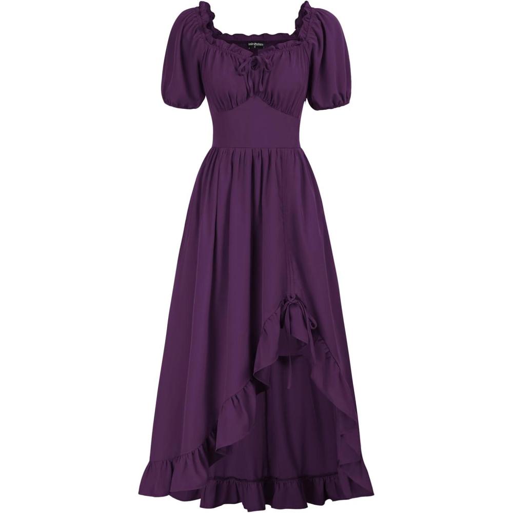 image:imageScarlet Darkness Renaissance Dress Women Cottagecore Corset Dress Ruffle Maxi Dress with PocketsPurple