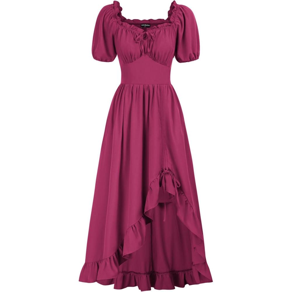 image:imageScarlet Darkness Renaissance Dress Women Cottagecore Corset Dress Ruffle Maxi Dress with PocketsRose Red