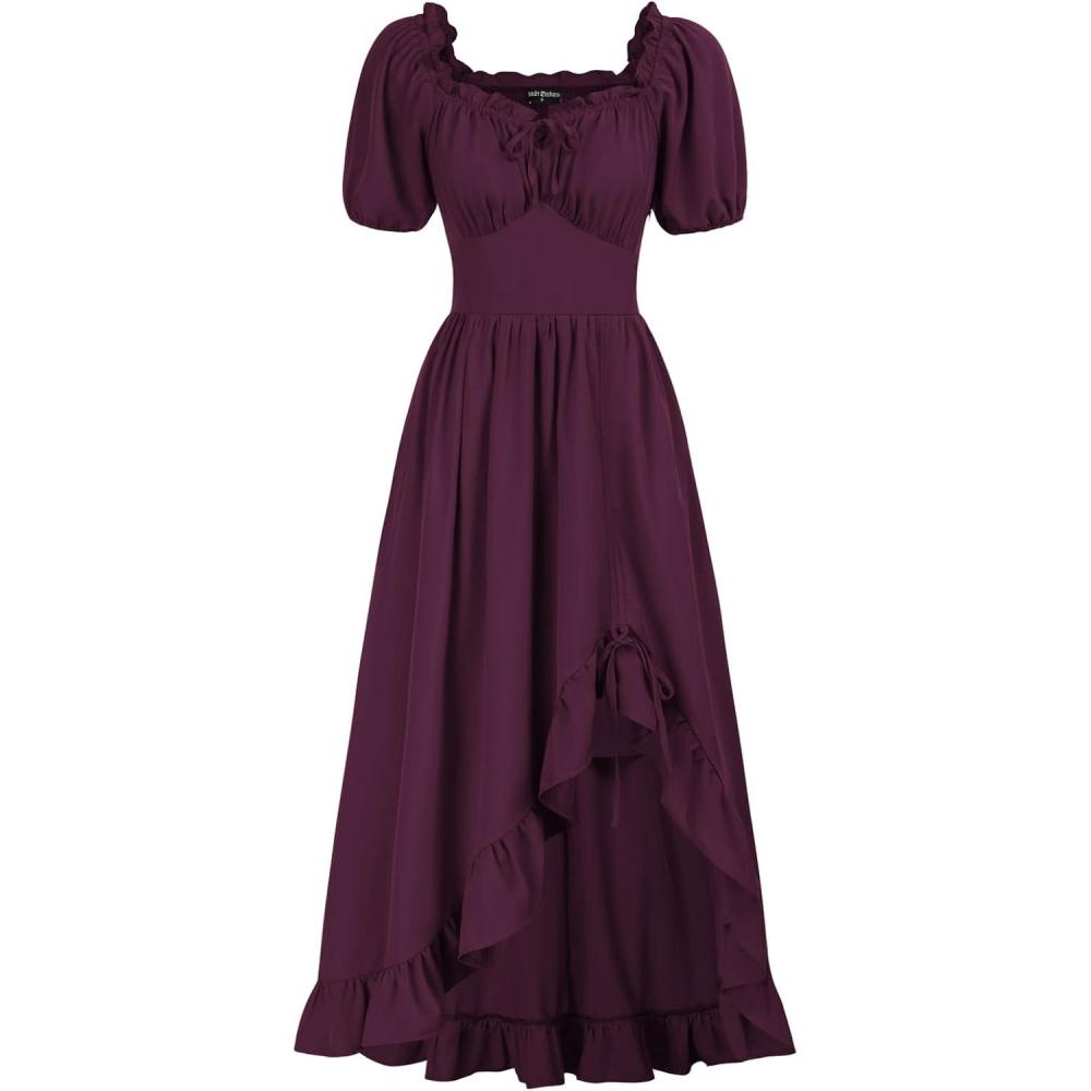 image:imageScarlet Darkness Renaissance Dress Women Cottagecore Corset Dress Ruffle Maxi Dress with PocketsWine Red