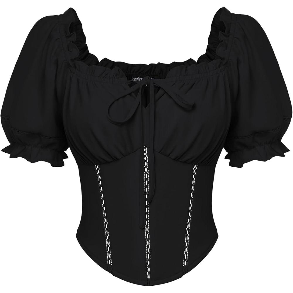 image:imageScarlet Darkness Vintage Corset Tops for Women Renaissance Blouse Off Shoulder Puff Sleeves TopBlack