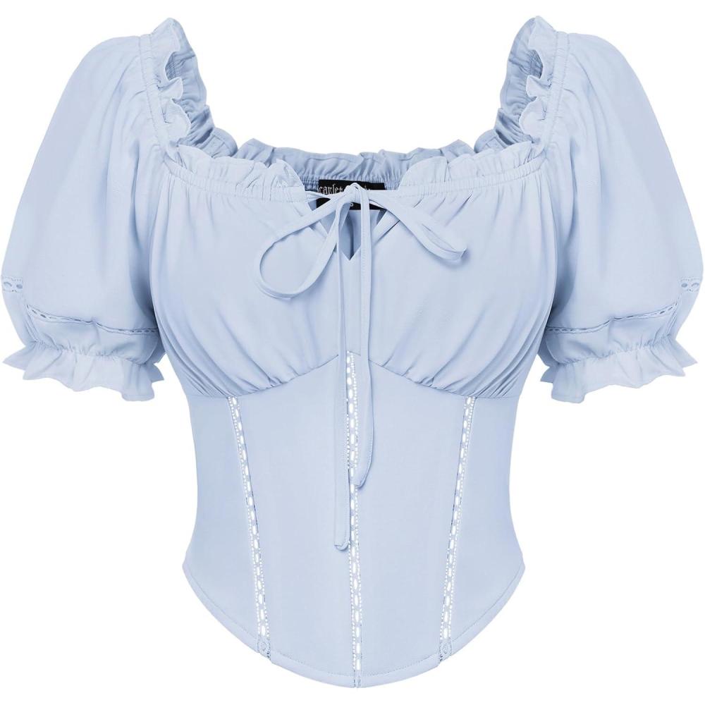 image:imageScarlet Darkness Vintage Corset Tops for Women Renaissance Blouse Off Shoulder Puff Sleeves TopBlue