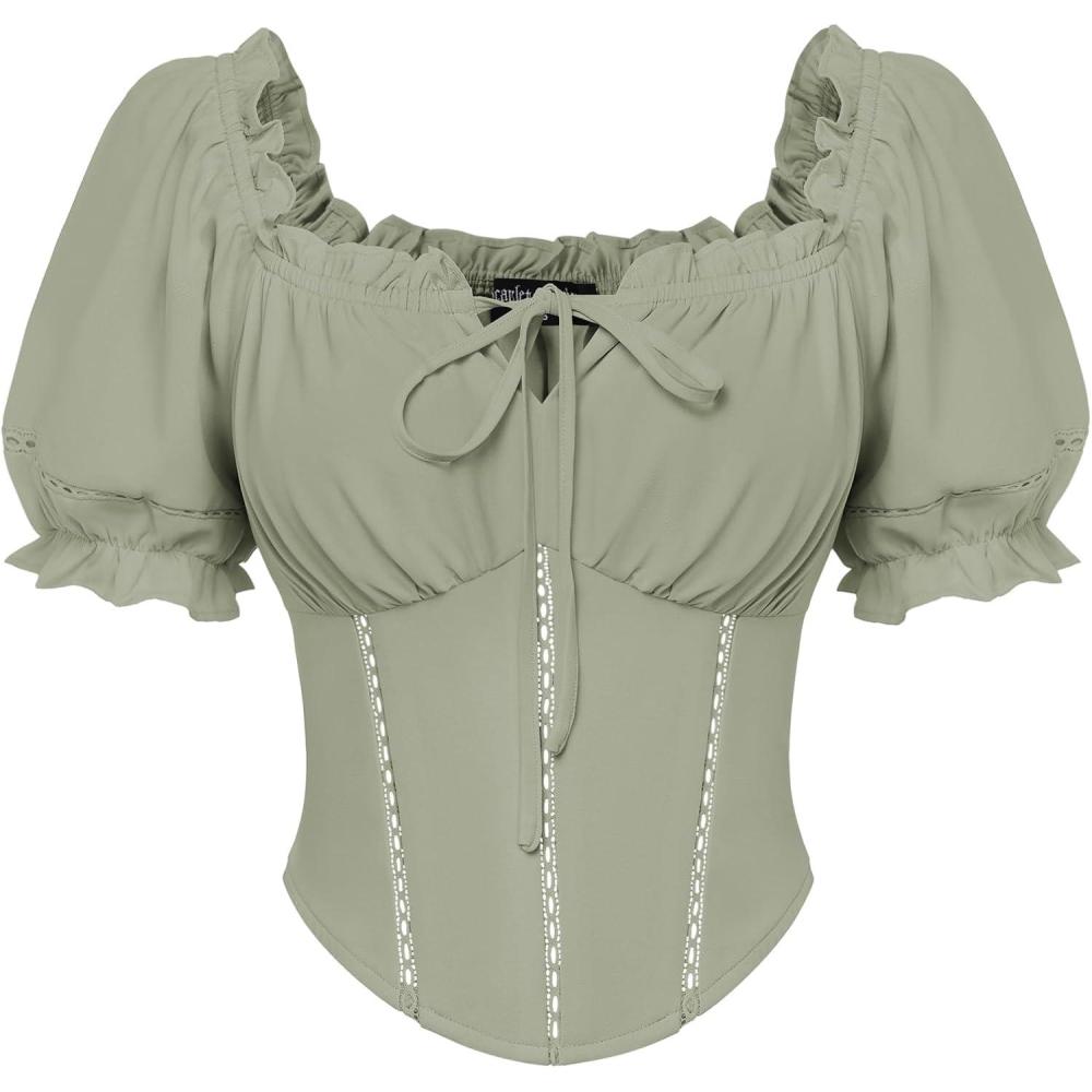 image:imageScarlet Darkness Vintage Corset Tops for Women Renaissance Blouse Off Shoulder Puff Sleeves TopGreen Bay