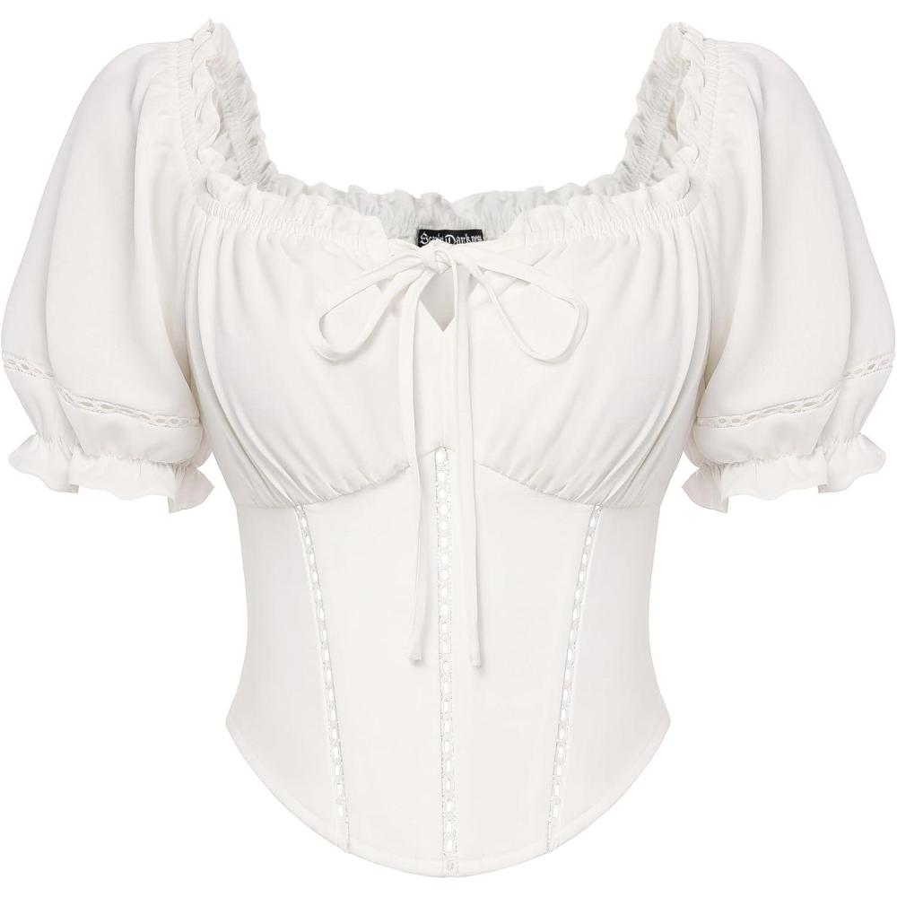 image:imageScarlet Darkness Vintage Corset Tops for Women Renaissance Blouse Off Shoulder Puff Sleeves TopWhite